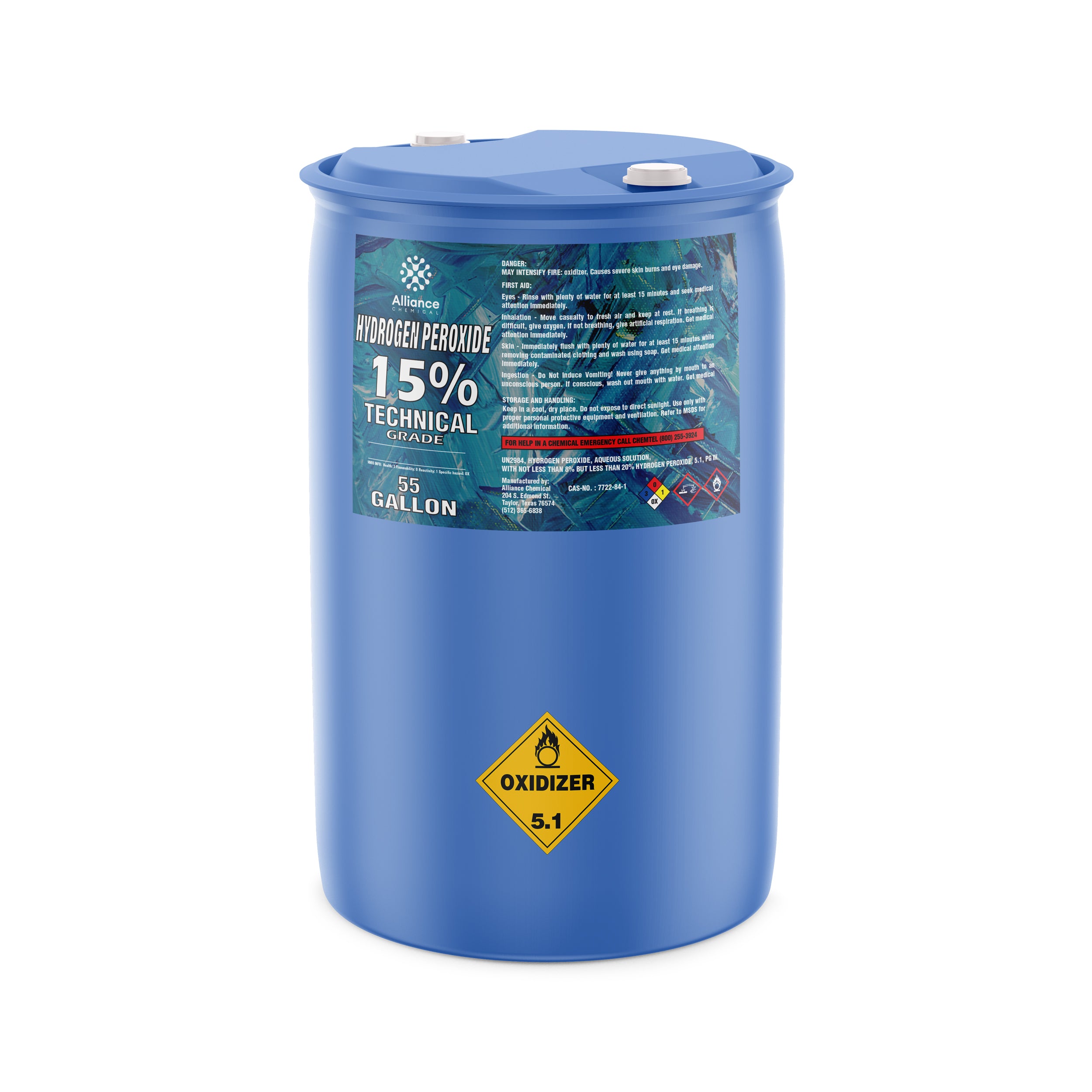 55-gallon blue drum of 15% Technical Grade Hydrogen Peroxide with Alliance Chemical branding, DOT oxidizer 5.1 warning symbol, and safety cap closure.