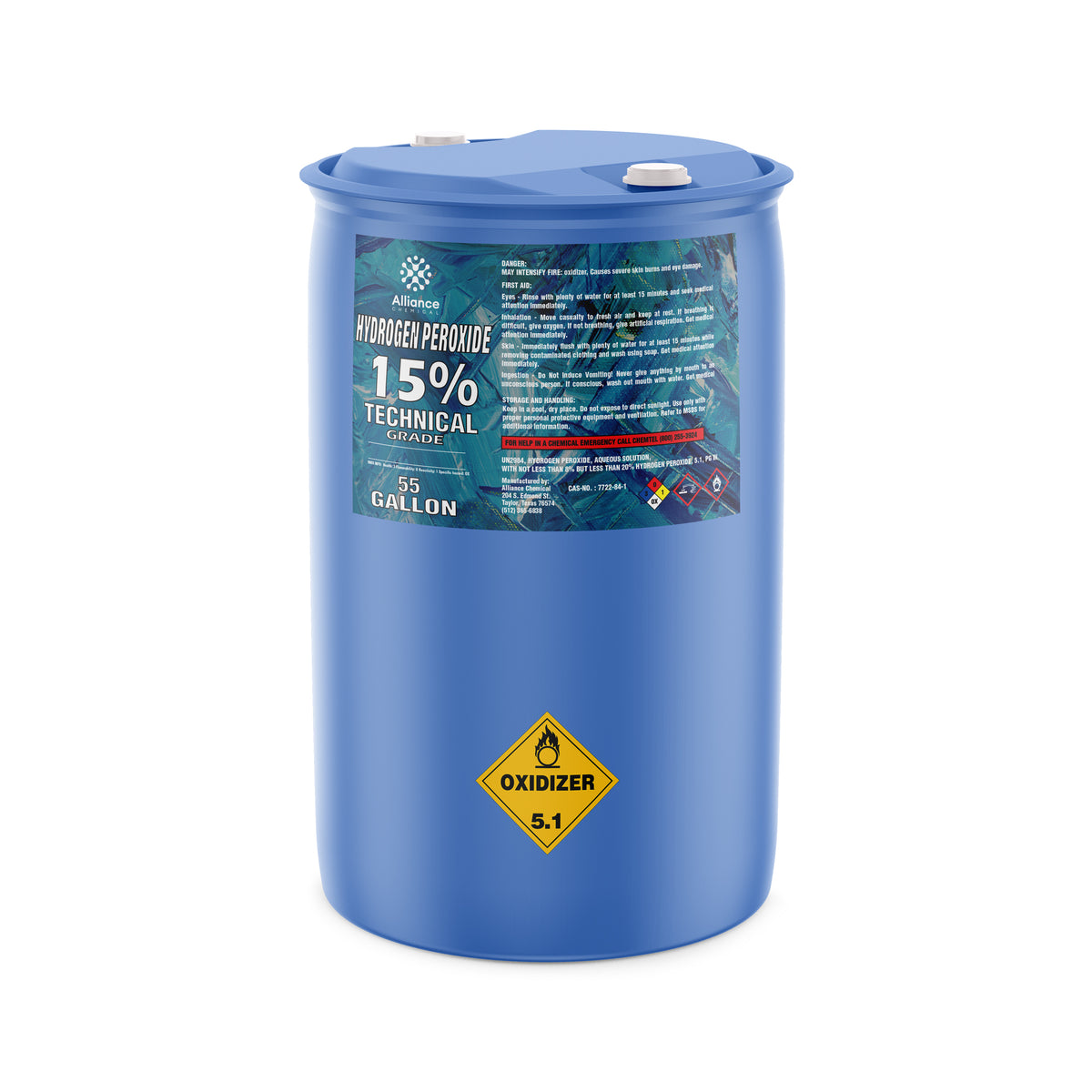 55-gallon blue drum of 15% Technical Grade Hydrogen Peroxide with Alliance Chemical branding, DOT oxidizer 5.1 warning