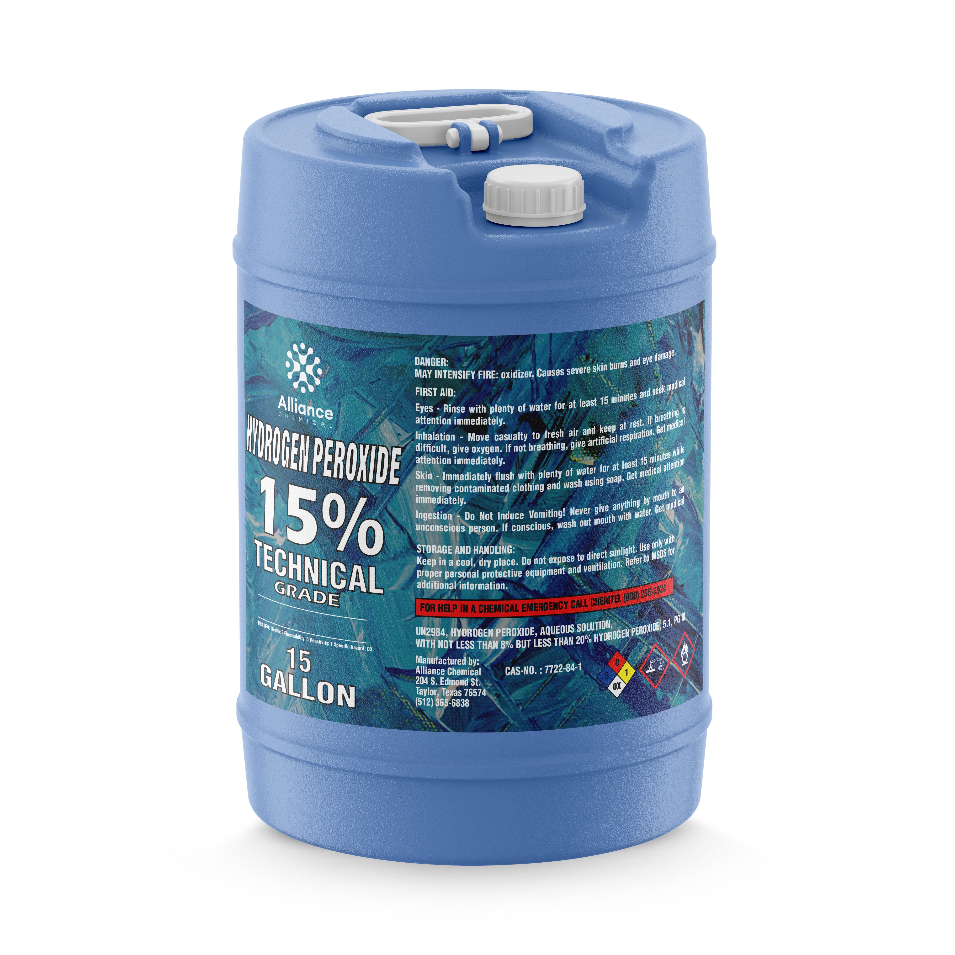 15-gallon blue HDPE carboy of 15% Technical Grade Hydrogen Peroxide with oxidizer warning symbols and first aid instructions on teal label.