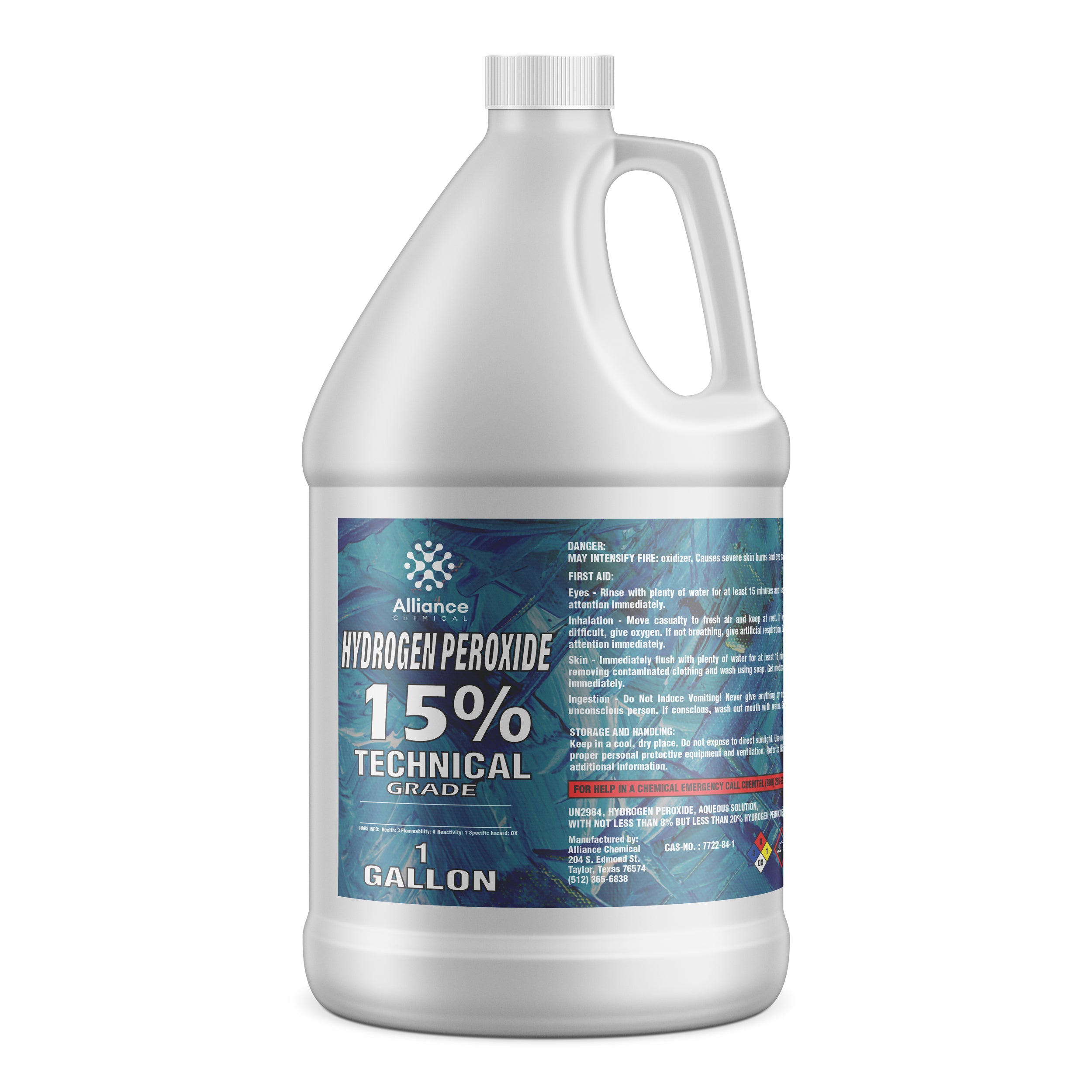 One-gallon white HDPE jug of Alliance Chemical 15% Technical Grade Hydrogen Peroxide with blue safety label and NFPA diamond warning symbol.