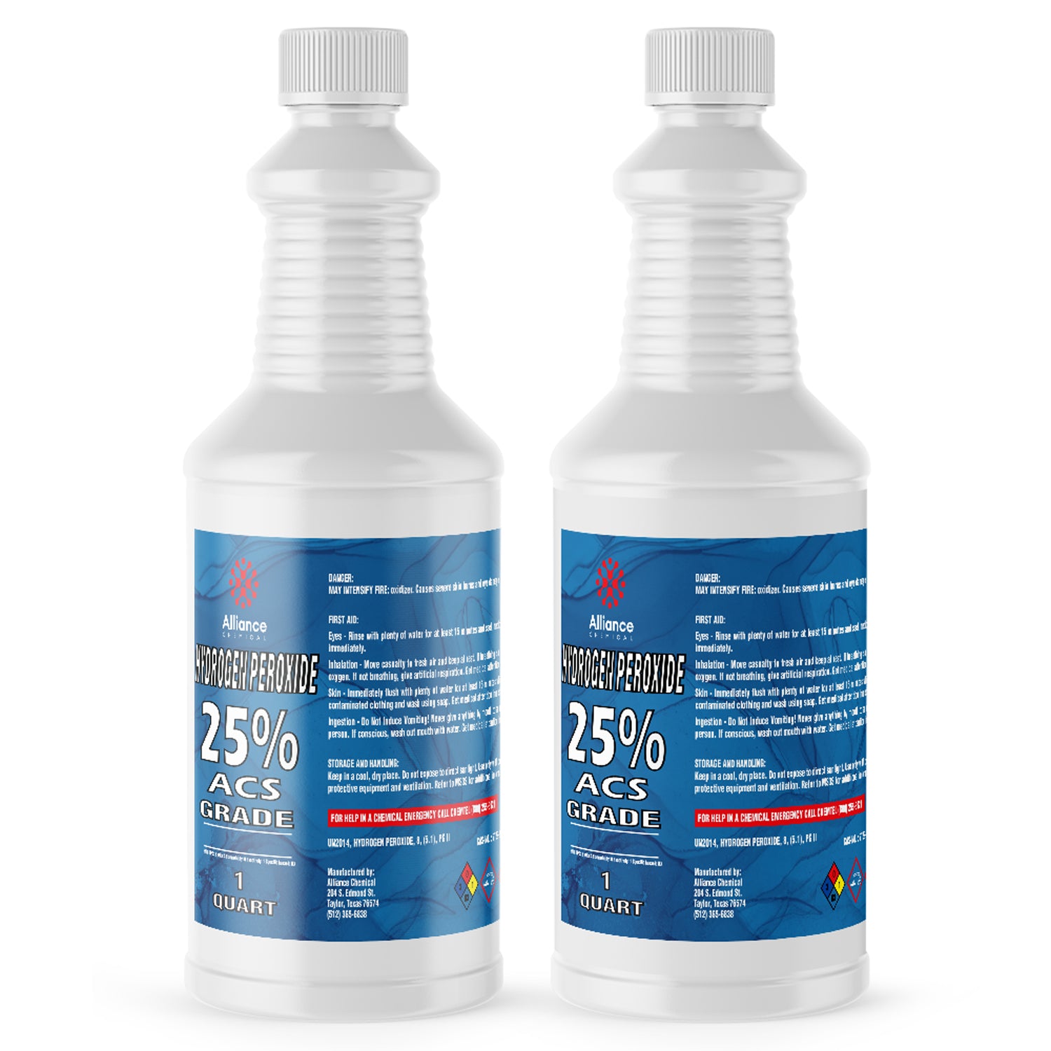 Two 1-quart bottles of Alliance Chemical 25% ACS Grade Hydrogen Peroxide in white HDPE containers with blue labels and NFPA hazard diamond symbols.