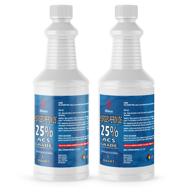 Two 1-quart bottles of Alliance Chemical 25% ACS Grade Hydrogen Peroxide in HDPE containers with blue labels and NFPA hazard