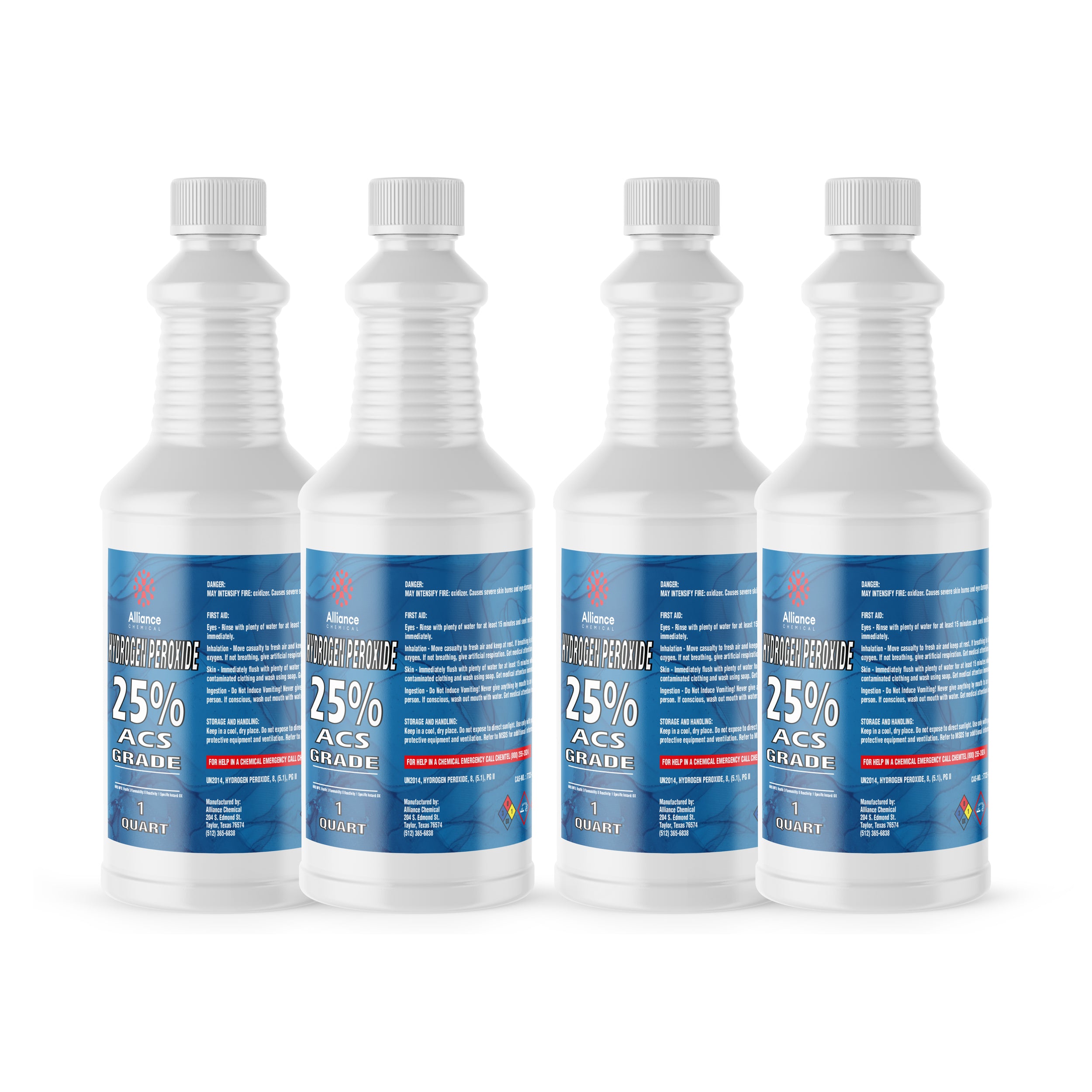 4-pack of 1-quart bottles containing 25% ACS-grade hydrogen peroxide in white HDPE containers with blue labels and hazard warnings.