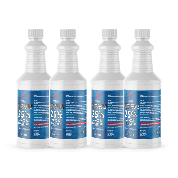 Four 1-quart plastic bottles of Alliance Chemical Hydrogen Peroxide 25% ACS Grade with white screw caps and product labels.
