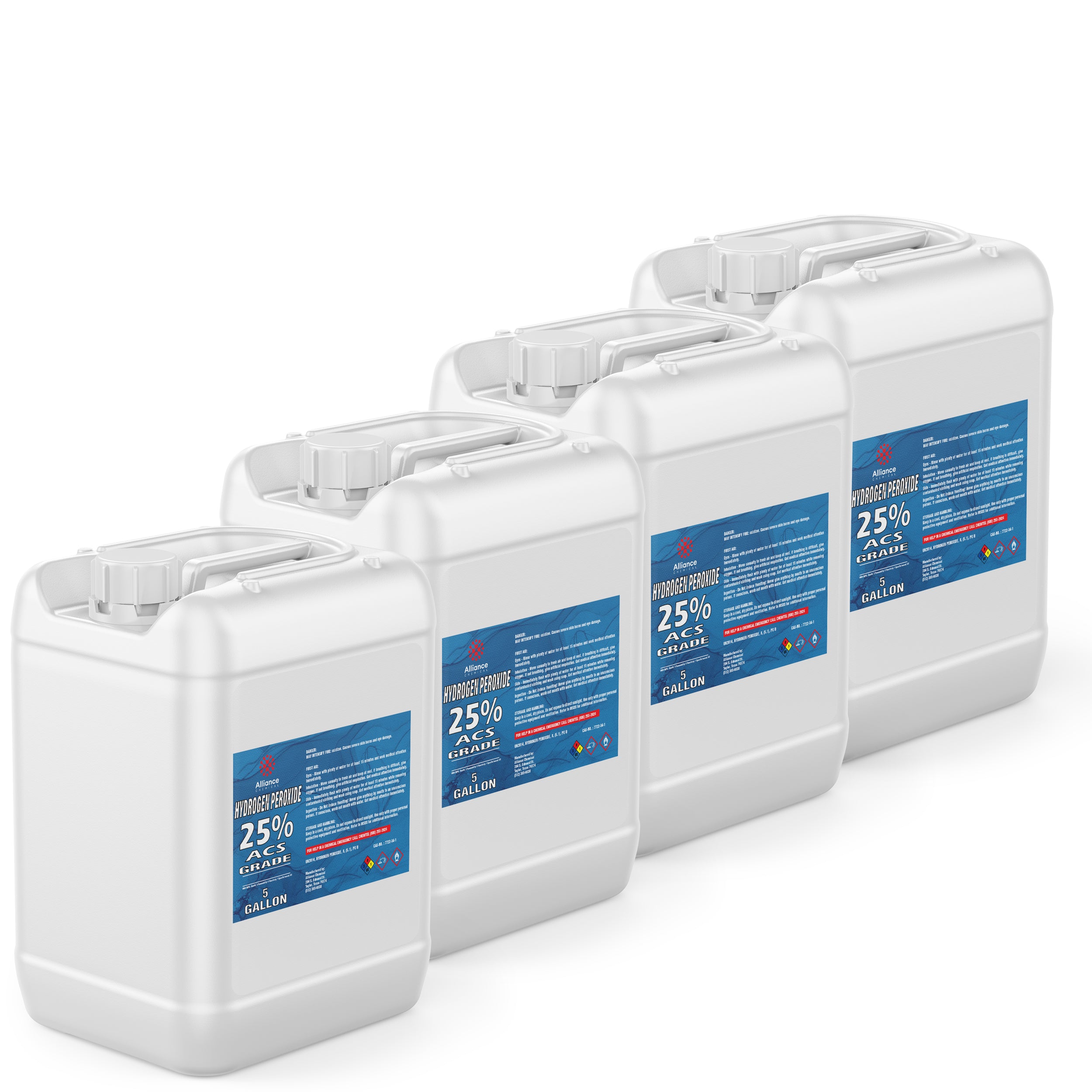 4x5-gallon white HDPE jugs of 25% ACS-grade hydrogen peroxide with blue safety labels, stackable design, and secure screw-top closures.