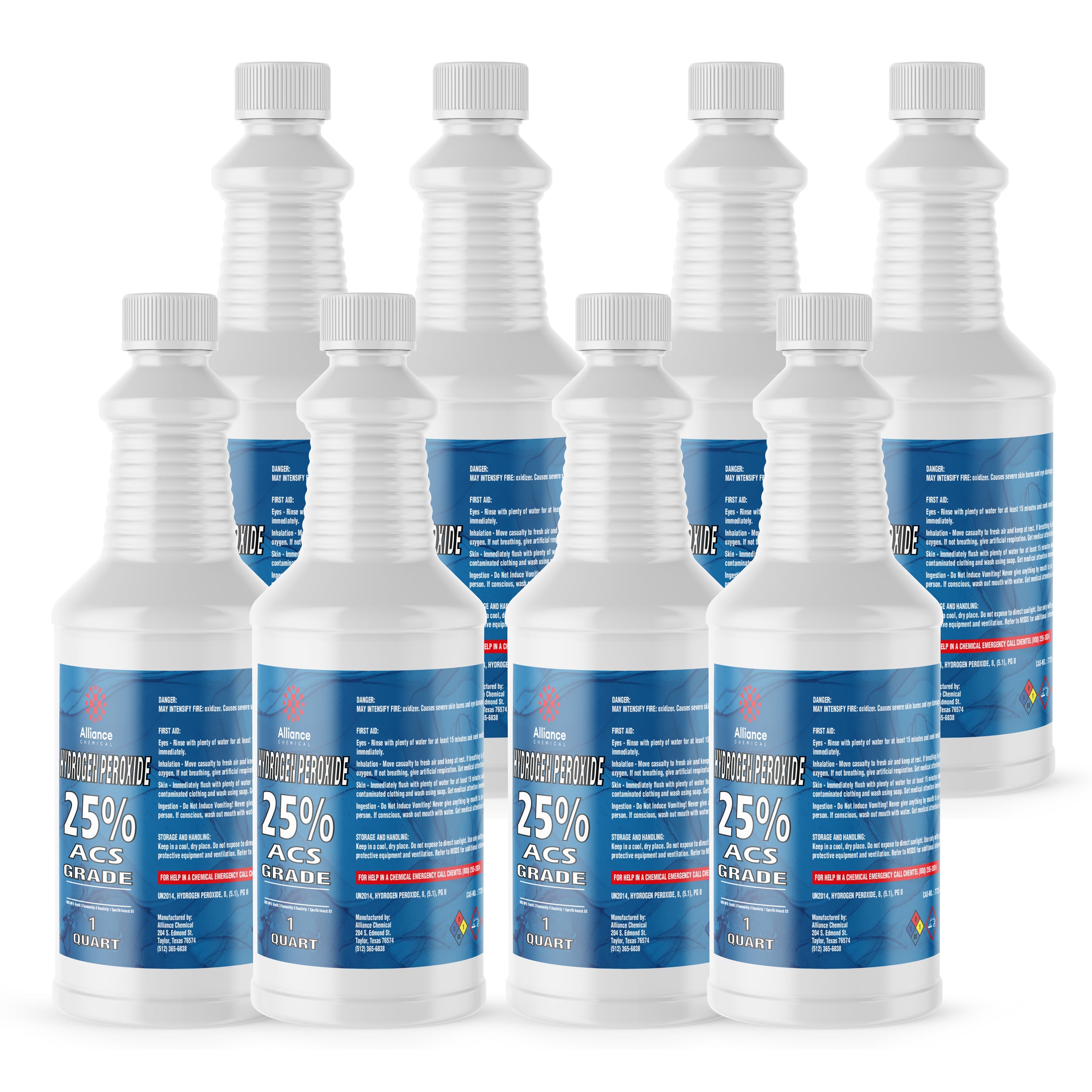 1-quart bottles of 25% ACS-grade hydrogen peroxide in white HDPE containers with blue labels, hazard warnings and safety information.