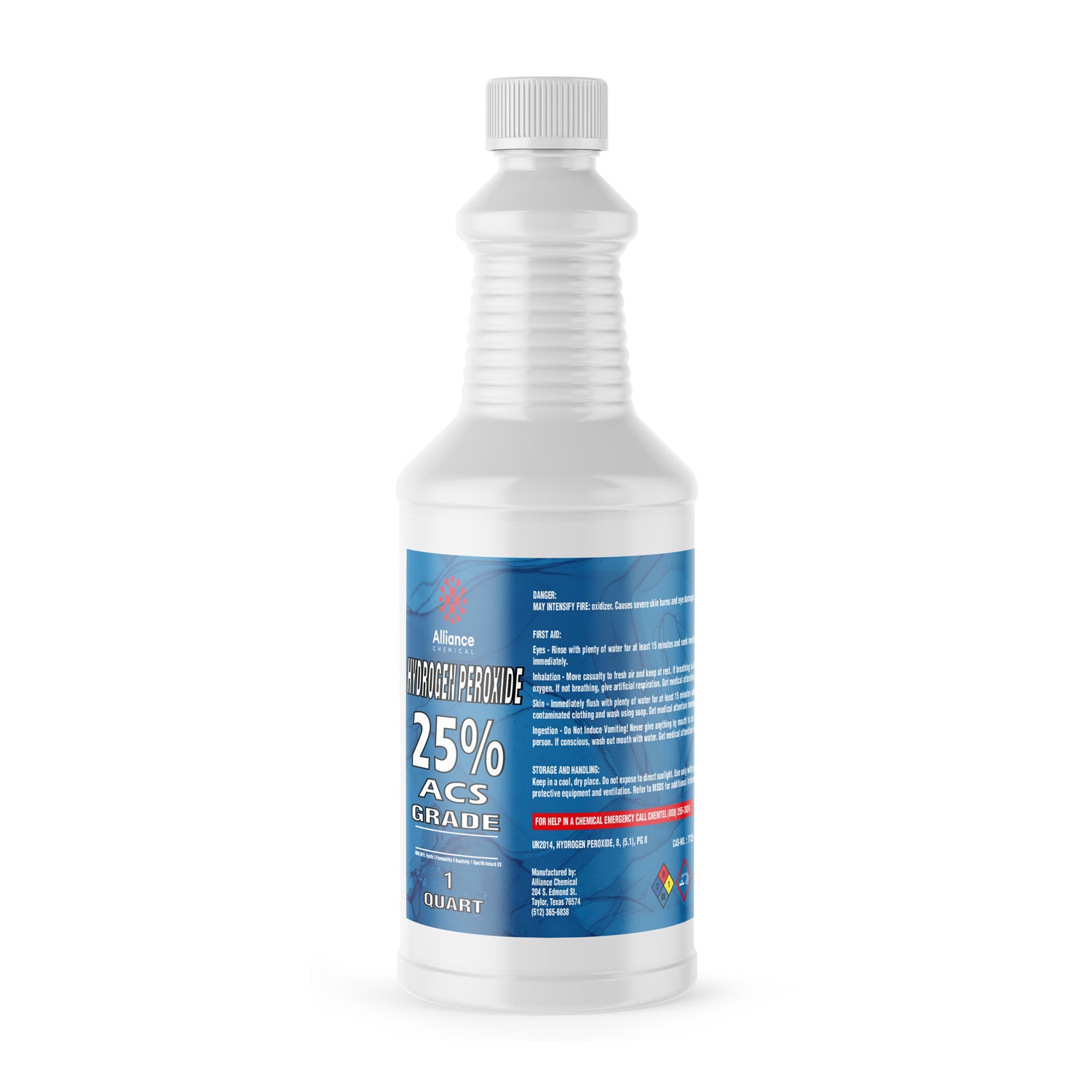 1-quart white HDPE bottle of 25% ACS-grade hydrogen peroxide with blue label, safety warnings, and ribbed child-resistant cap.