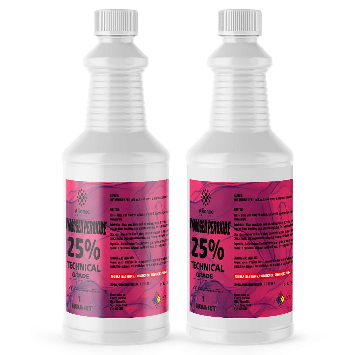1-quart bottles of 25% Technical Grade Hydrogen Peroxide in white HDPE containers with pink labels, NFPA diamond hazard symbols, and childproof caps.
