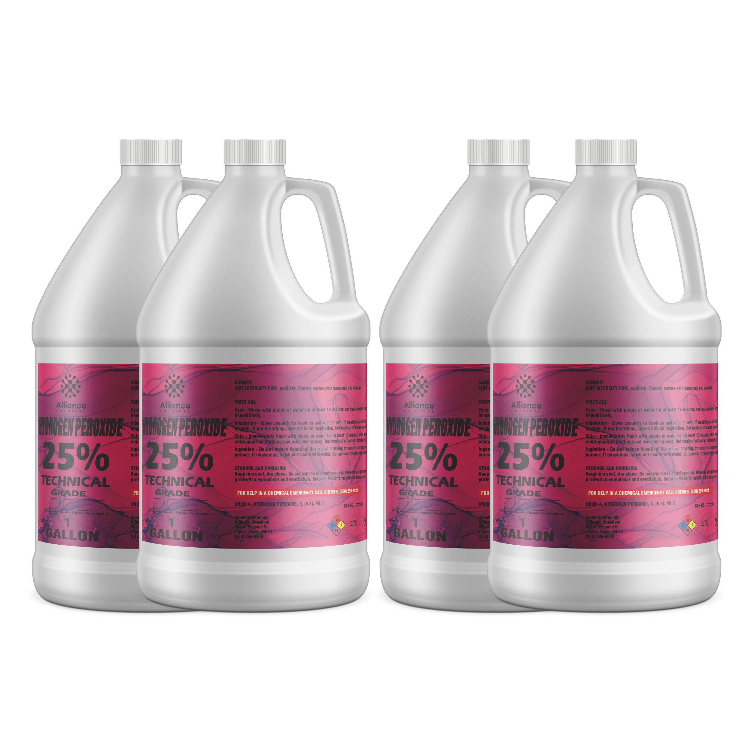 4x1-gallon Hydrogen Peroxide 25% Technical Grade in white HDPE jugs, pink labels with hazard diamond warning symbols, Alliance Chemical brand.