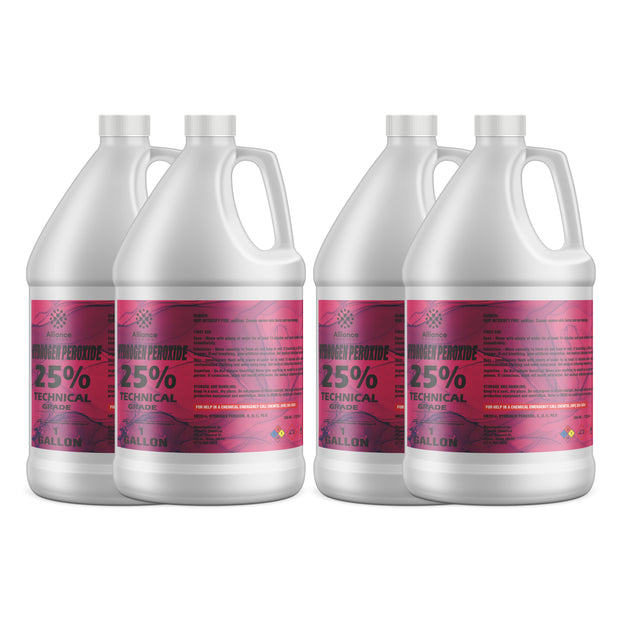 4x1-gallon Hydrogen Peroxide 25% Technical Grade in HDPE jugs, pink labels Alliance Chemical brand