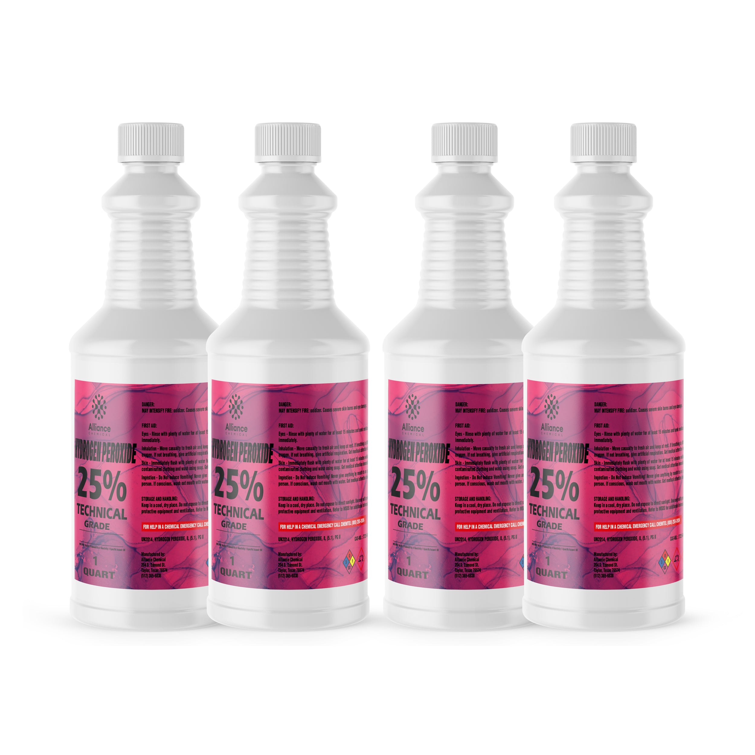 4x1 quart bottles of 25% Technical Grade Hydrogen Peroxide in white HDPE containers with pink labels, HAZMAT warning symbols, and ribbed screw caps.