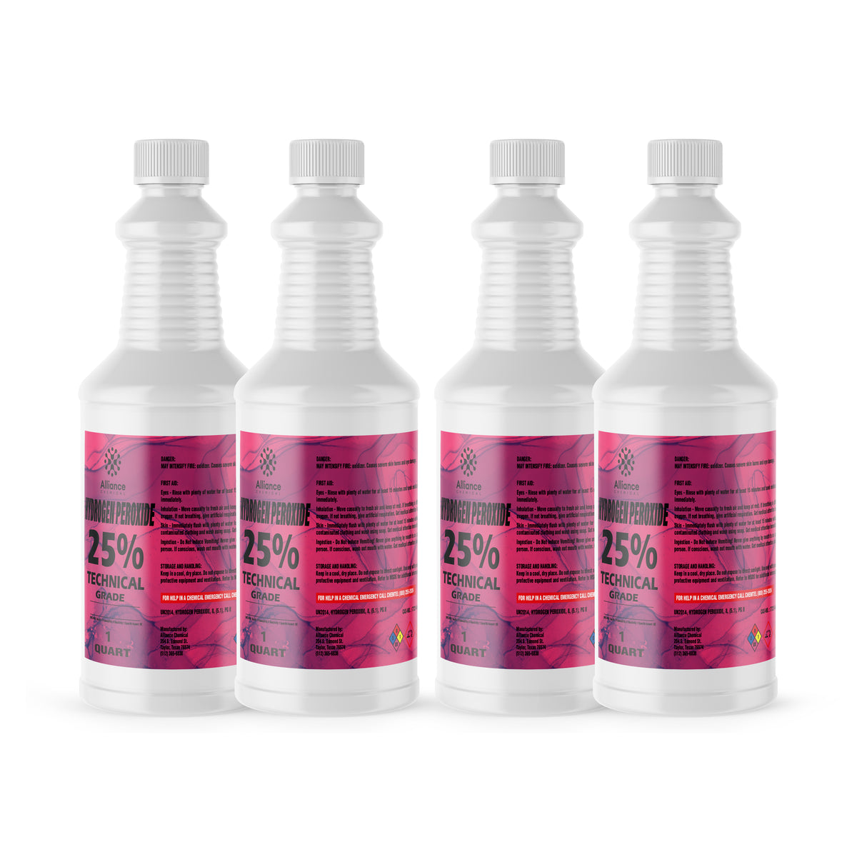 Four 1-quart plastic bottles of Alliance Chemical Hydrogen Peroxide 25% Technical Grade with white caps and product labels