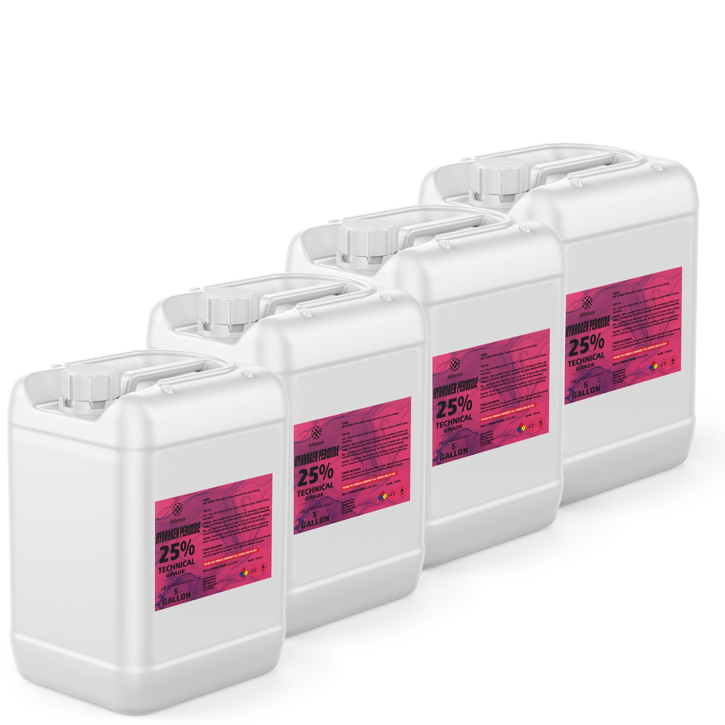 4x5-gallon HDPE containers of 25% Technical Grade Hydrogen Peroxide in white jugs with pink hazard labels, industrial chemical warning symbols, sealed caps.