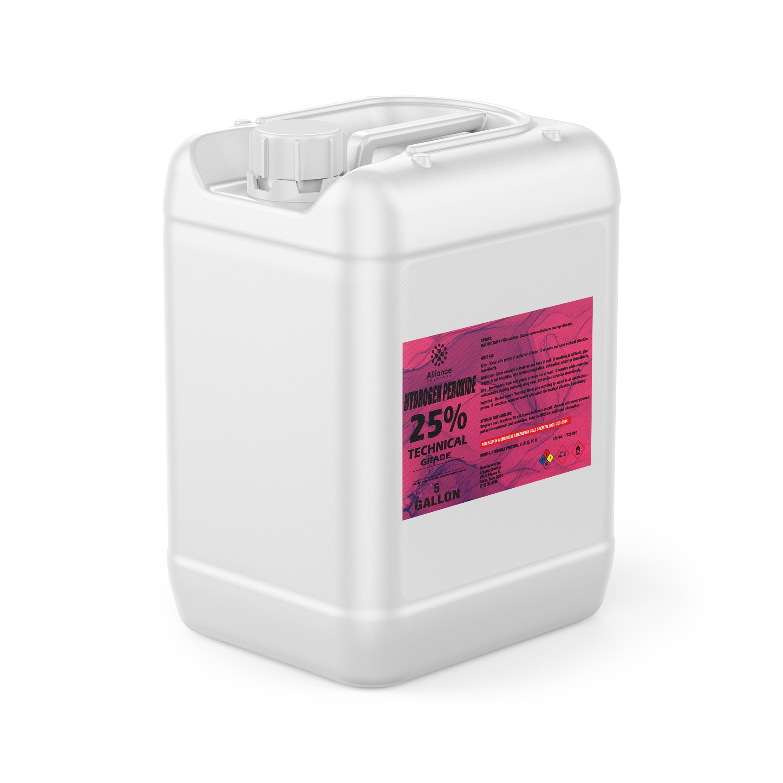 5-gallon white HDPE container of 25% Technical Grade Hydrogen Peroxide with pink safety label, screw-top cap, and hazardous material warnings.