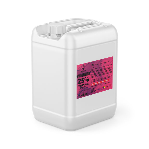 Alliance Chemical 5-gallon HDPE jug of Hydrogen Peroxide 25% Technical Grade with a white screw cap and product label
