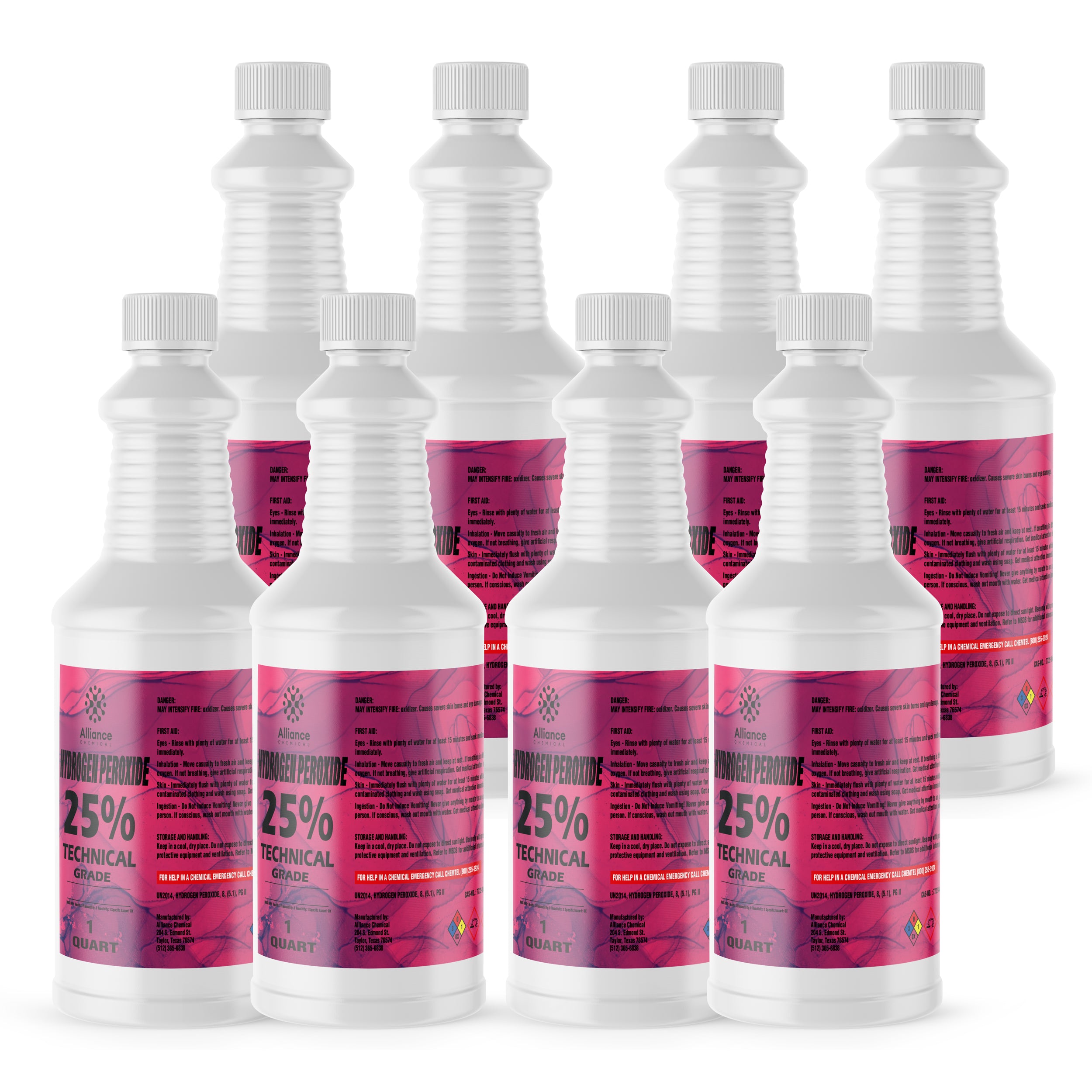 1-quart bottles of 25% Technical Grade Hydrogen Peroxide in white HDPE containers with pink labels, NFPA diamond warning symbols, 8-count set.