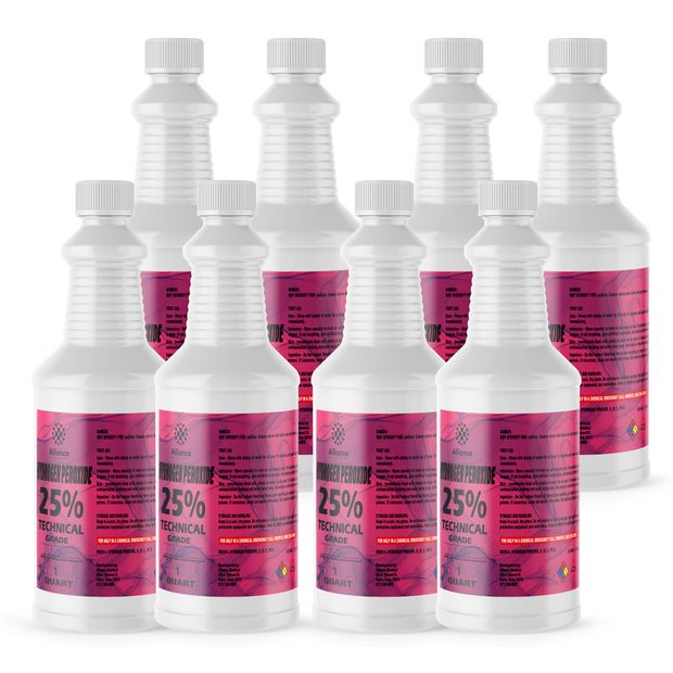 Seven 1-quart plastic bottles of Alliance Chemical Hydrogen Peroxide 25% Technical Grade with white caps and product labels