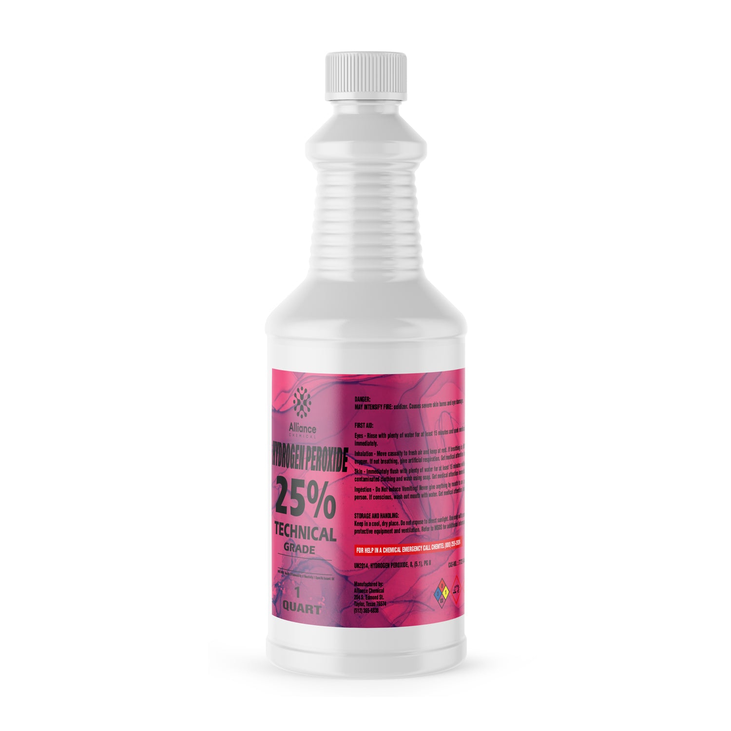 1-quart white HDPE bottle of 25% Technical Grade Hydrogen Peroxide with pink safety label, ribbed grip design, and NFPA hazard warnings.