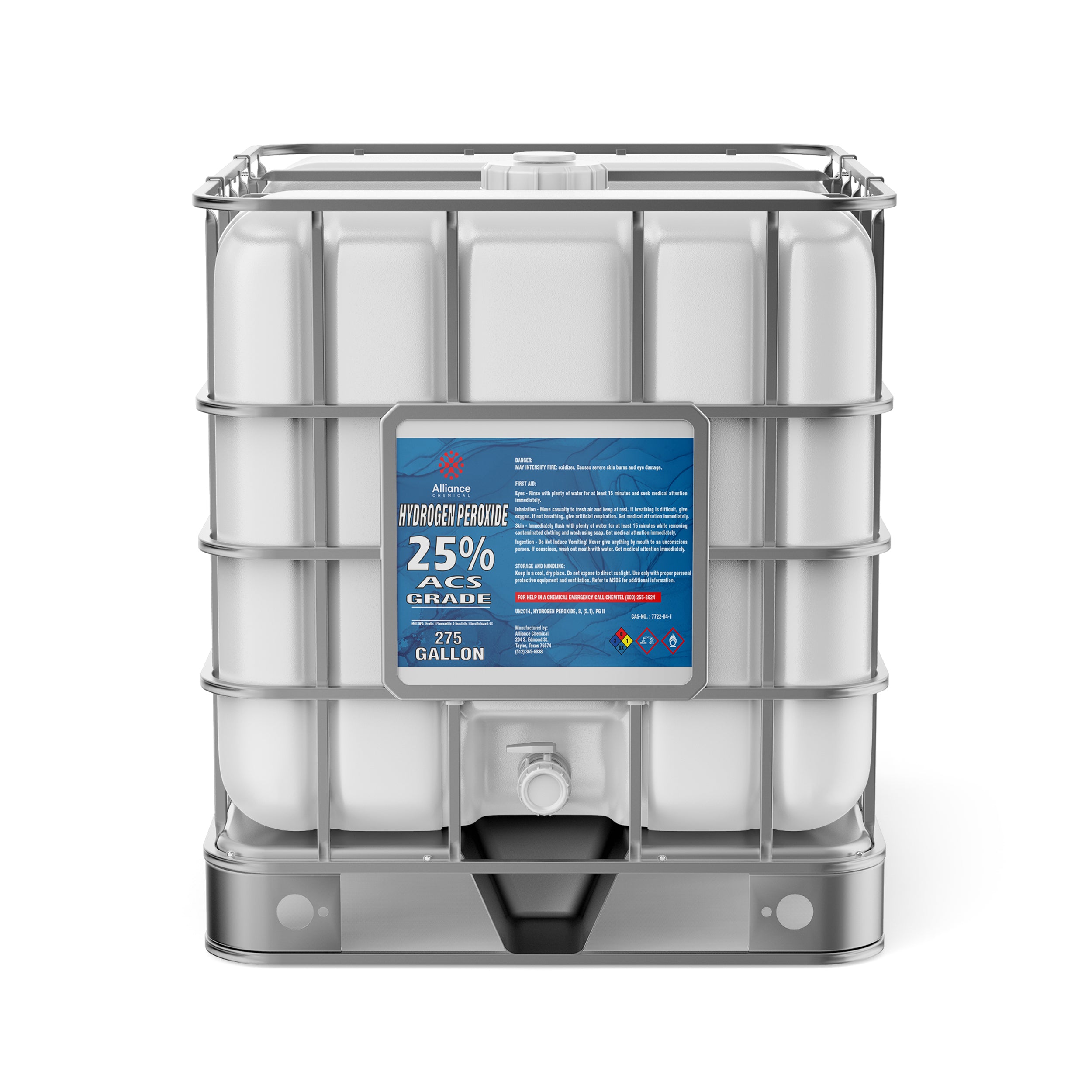 275-gallon IBC tote of 25% ACS-grade hydrogen peroxide with reinforced cage, spigot valve, NFPA diamond warning label, and blue product identification panel.