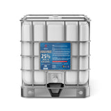 Alliance Chemical 330-gallon plastic tote of Hydrogen Peroxide 25% ACS Grade with a stainless steel cage and a spigot.