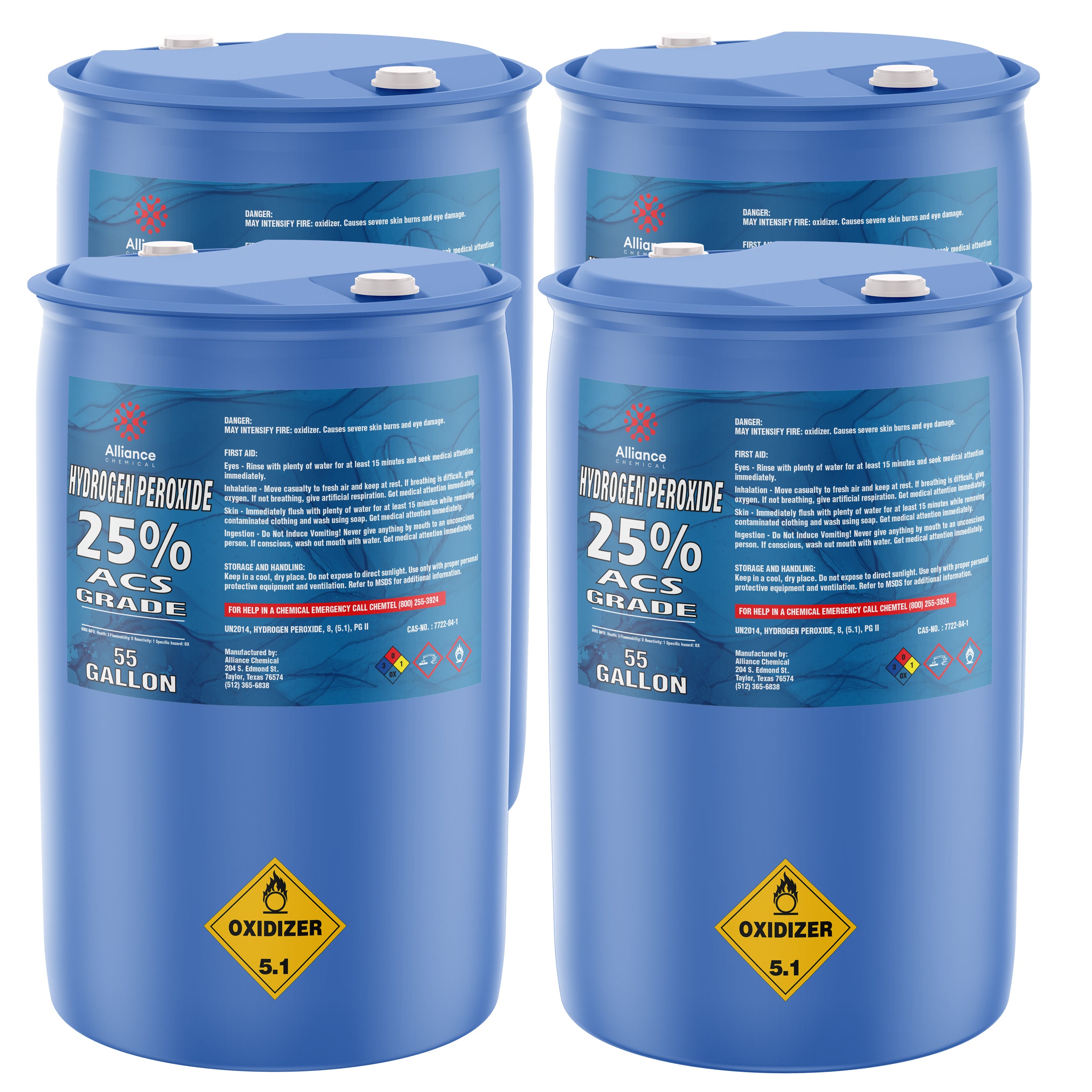 220-gallon (4x55) lot of 25% ACS-grade Hydrogen Peroxide in blue HDPE drums, featuring Oxidizer 5.1 warning labels and Alliance Chemical branding.