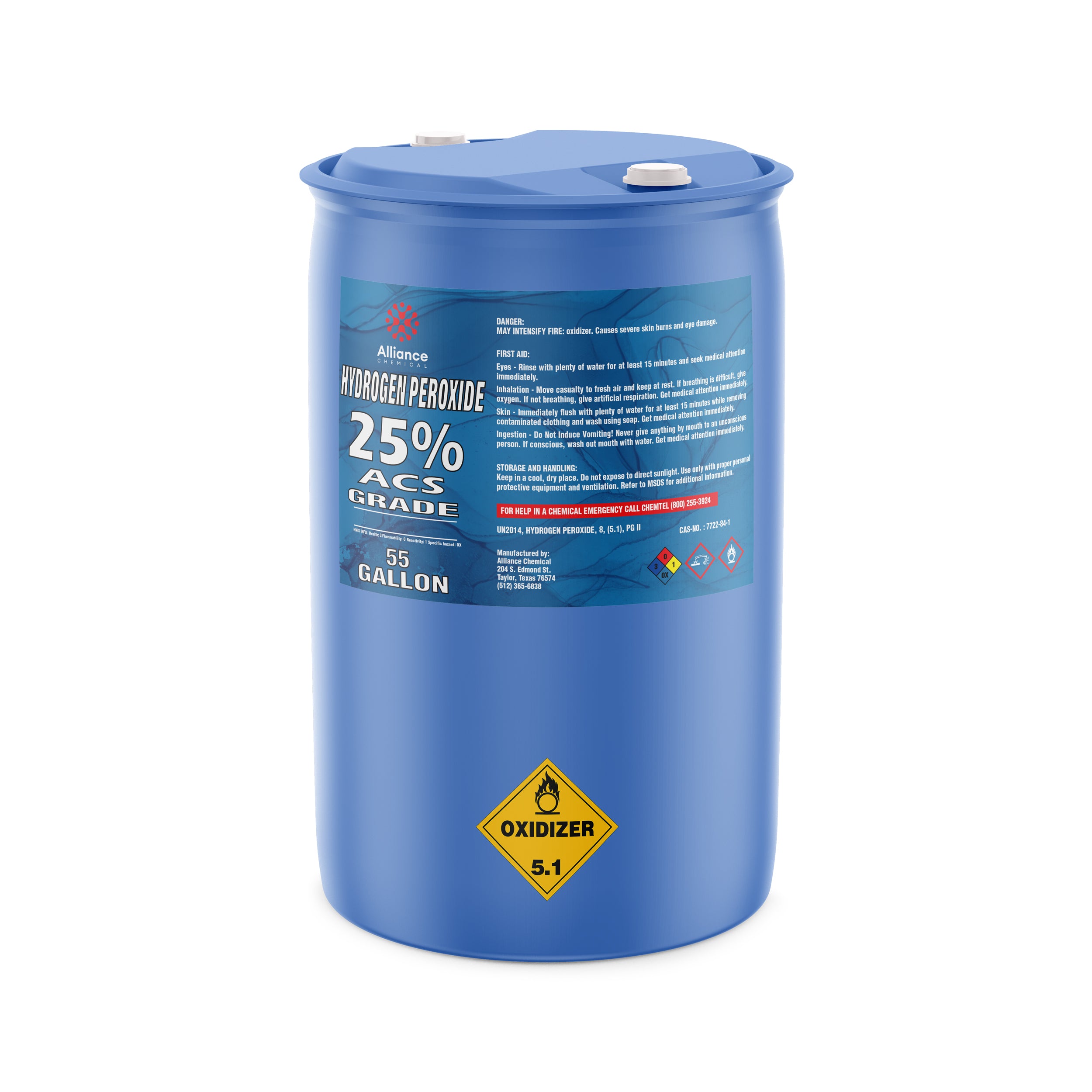 55-gallon blue drum of 25% ACS-grade hydrogen peroxide with oxidizer hazard symbol 5.1, white cap seals, and industrial safety labeling.