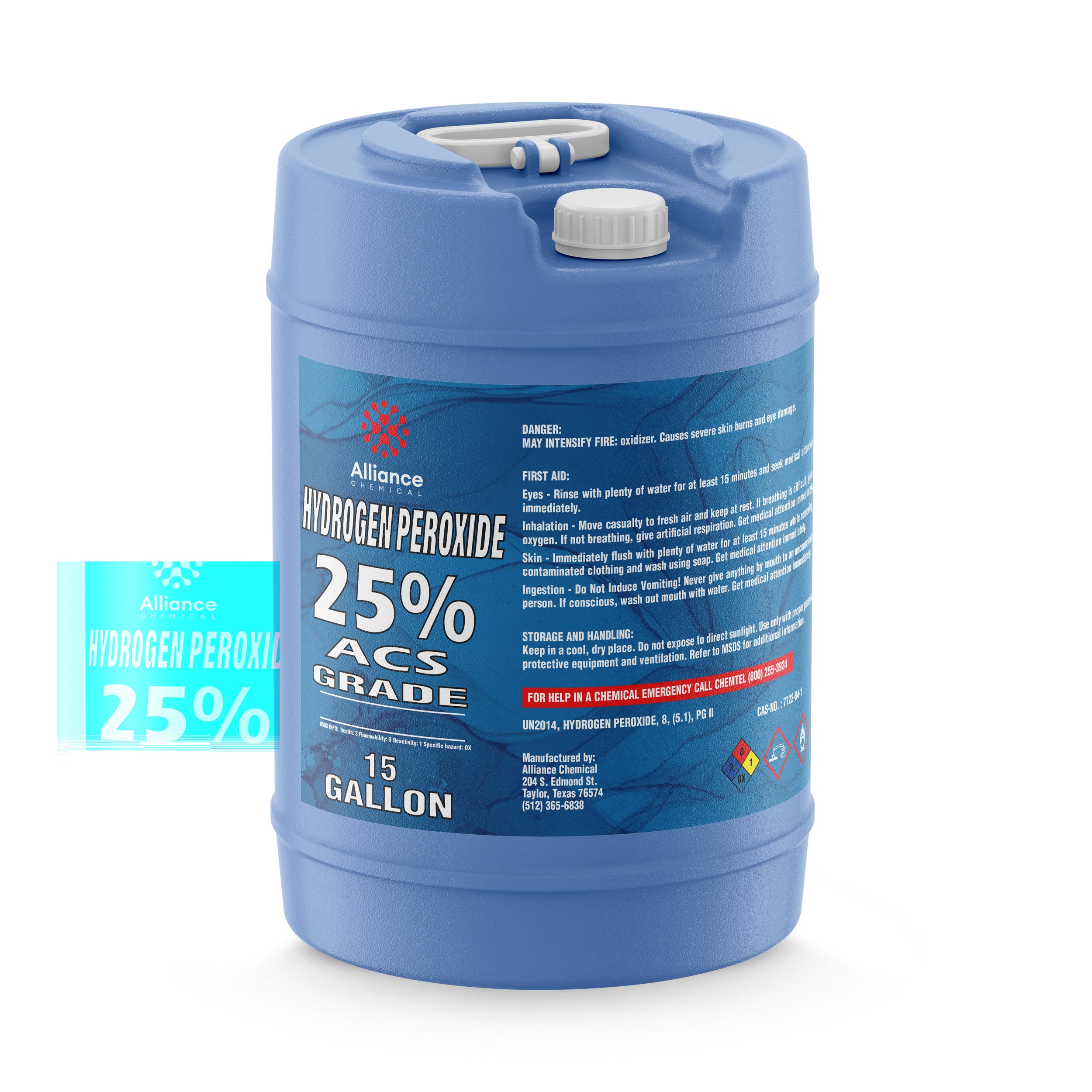 15-gallon ACS-grade hydrogen peroxide (25%) in blue HDPE carboy with safety warnings, oxidizer hazard symbol, first aid instructions.