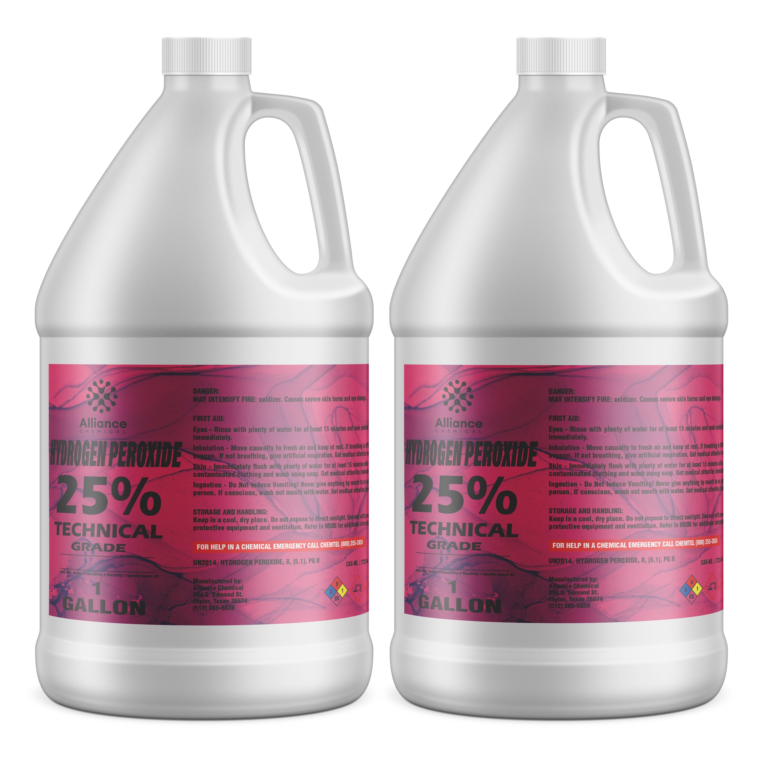 1-gallon containers of Alliance Chemical 25% Technical Grade Hydrogen Peroxide, featuring pink safety labels, NFPA diamond, and first aid instructions.