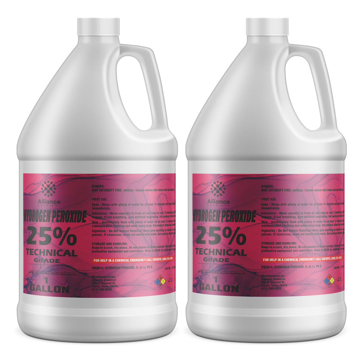 1-gallon containers of Alliance Chemical 25% Technical Grade Hydrogen Peroxide NFPA diamond, and first aid instructions