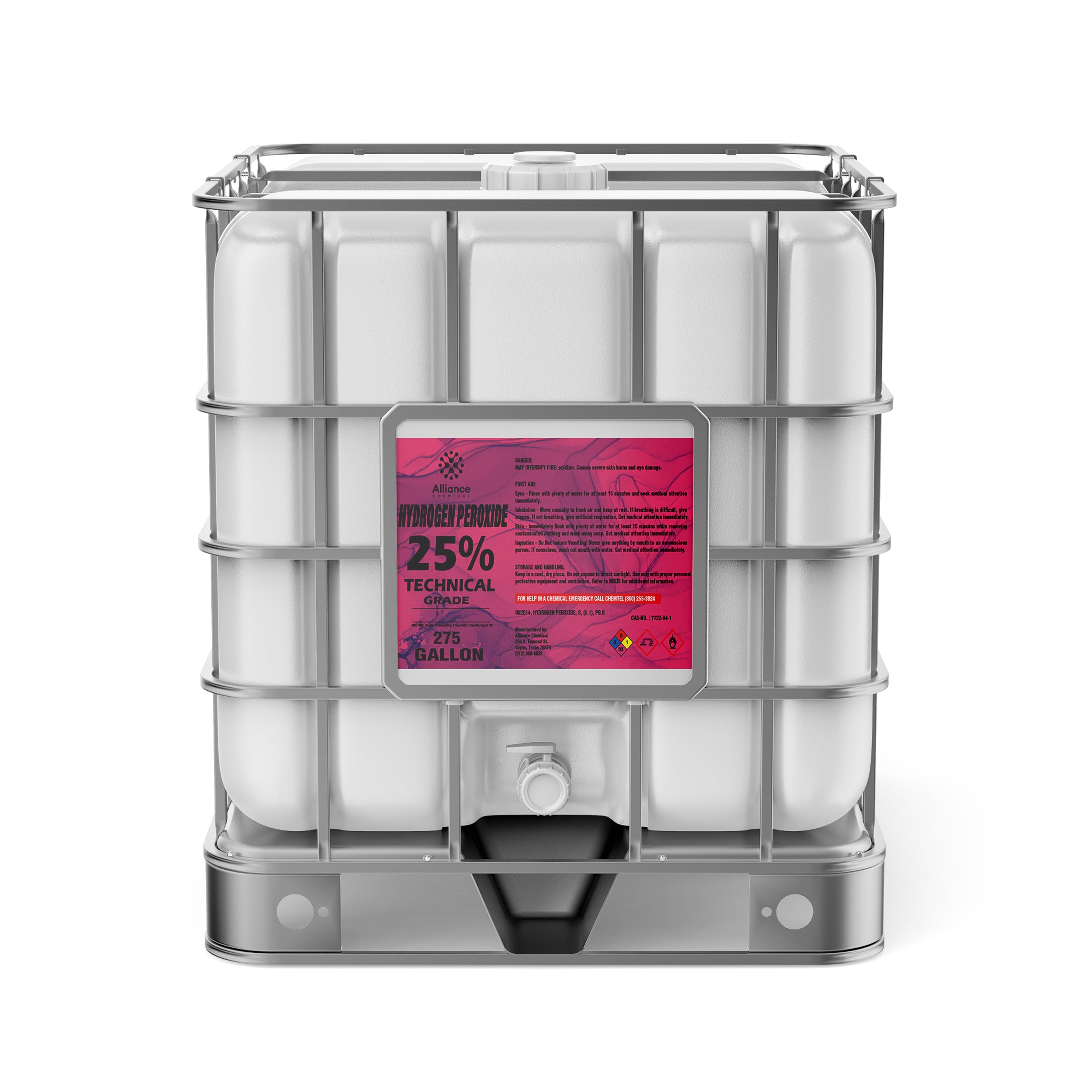 275-gallon IBC tote of 25% Technical Grade Hydrogen Peroxide with pink hazard label, metal cage frame, and bottom discharge valve.