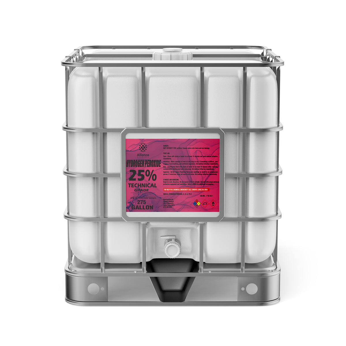 Alliance Chemical Hydrogen Peroxide 25% Technical Grade 275-gallon plastic tote with a steel cage and label.