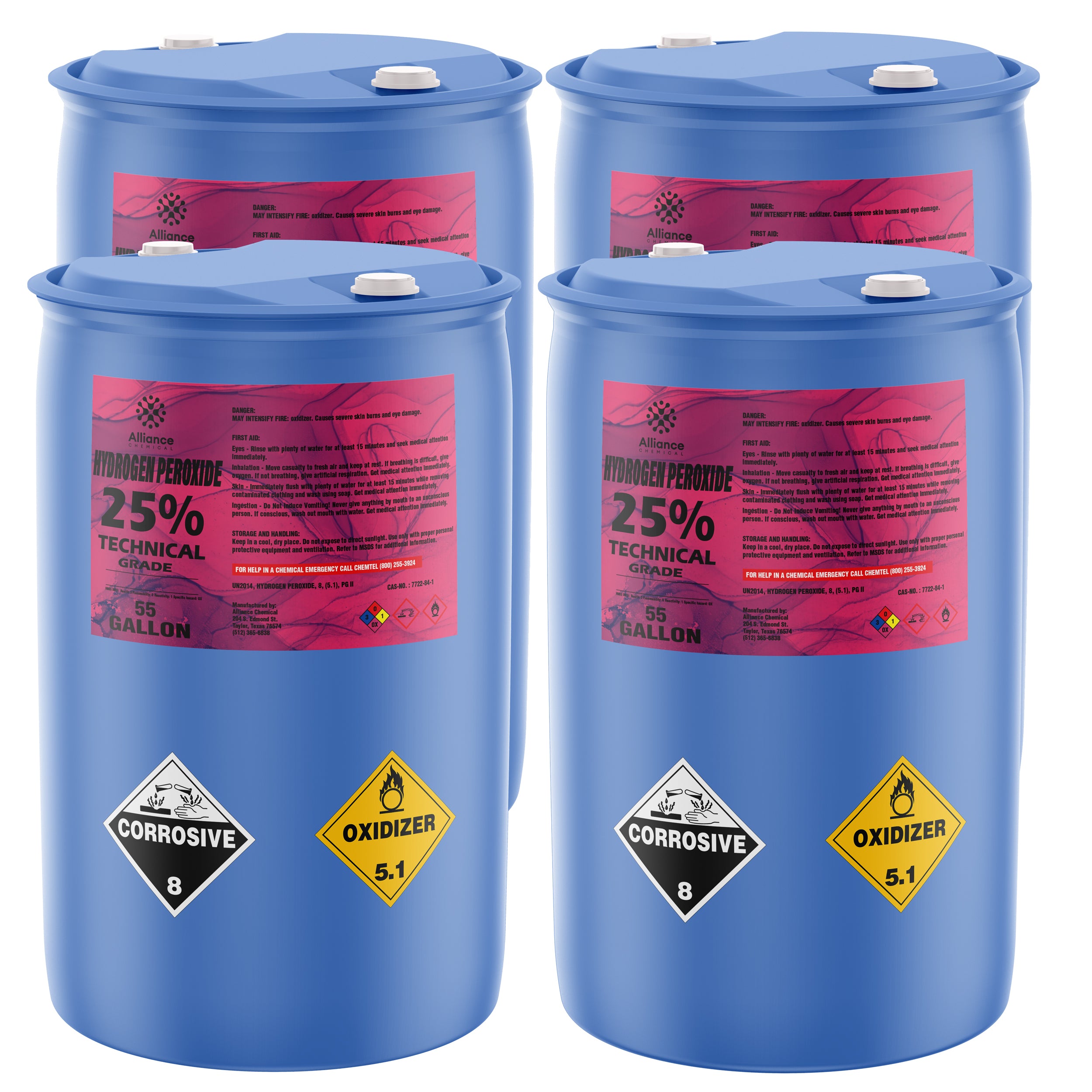 55-gallon blue drums of 25% Technical Grade Hydrogen Peroxide with corrosive (8) and oxidizer (5.1) hazard symbols, pink Alliance Chemical labels.