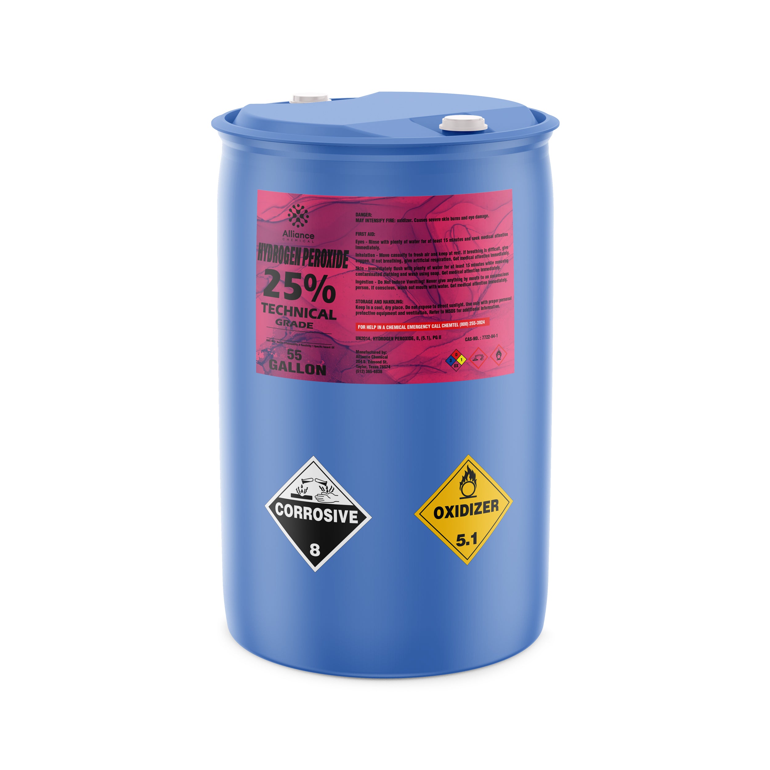 55-gallon blue poly drum of 25% Technical Grade Hydrogen Peroxide, labeled with corrosive (8) and oxidizer (5.1) hazard diamonds, pink Alliance label.