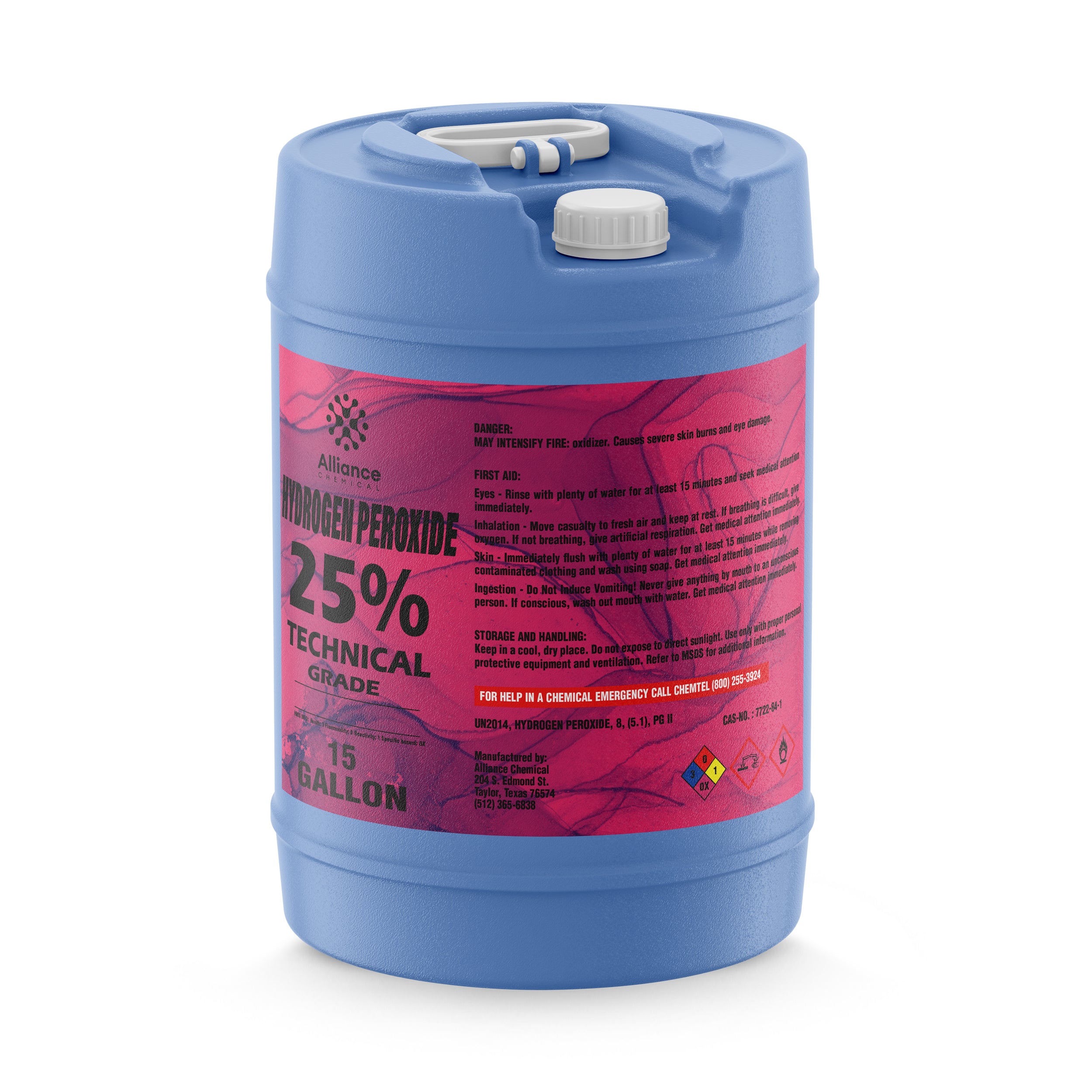 15-gallon blue HDPE carboy of 25% Technical Grade Hydrogen Peroxide with red hazmat label, NFPA diamond, and dual safety caps.