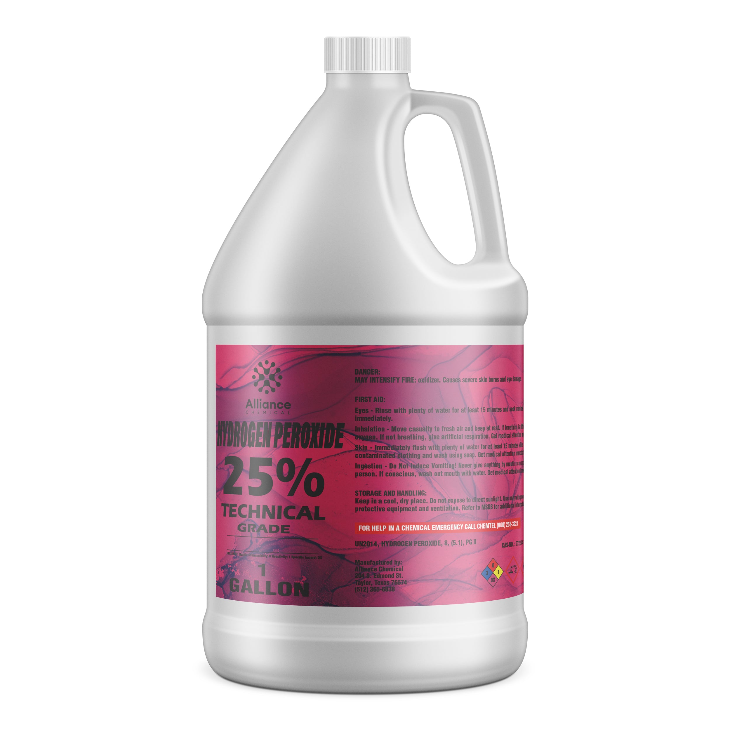 One-gallon white HDPE jug of 25% Technical Grade Hydrogen Peroxide with pink safety label, Alliance Chemical brand, hazmat warning symbols.