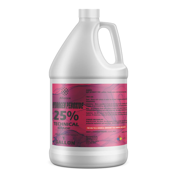 One-gallon HDPE jug of 25% Technical Grade Hydrogen Peroxide Alliance Chemical brand, hazmat warning symbols