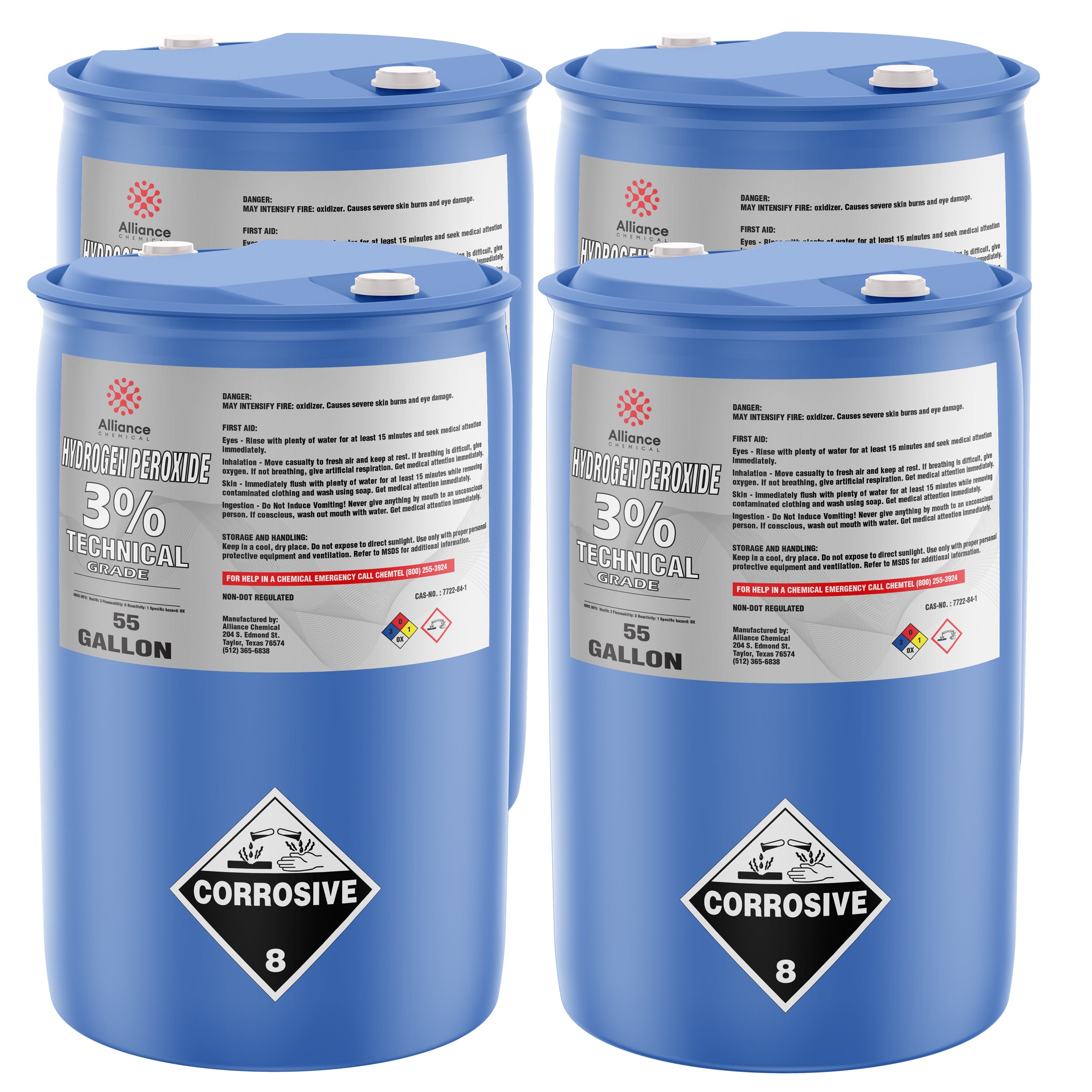 55-gallon blue drums of Alliance 3% Technical Grade Hydrogen Peroxide, featuring corrosive Class 8 warning labels and white safety caps, industrial chemical storage containers.