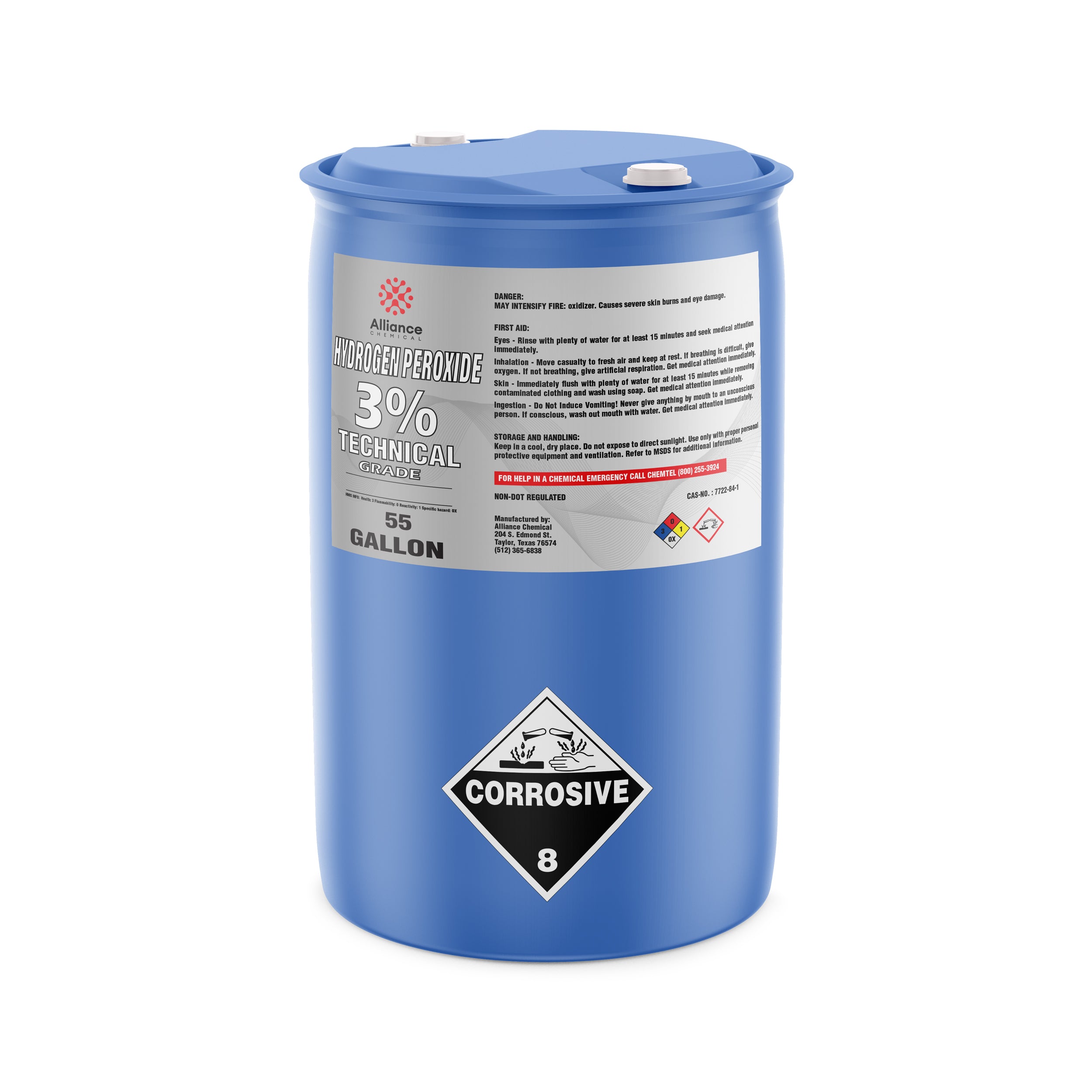 55-gallon blue HDPE drum of Alliance Chemical 3% Technical Grade Hydrogen Peroxide with corrosive warning symbol and white safety cap closures.