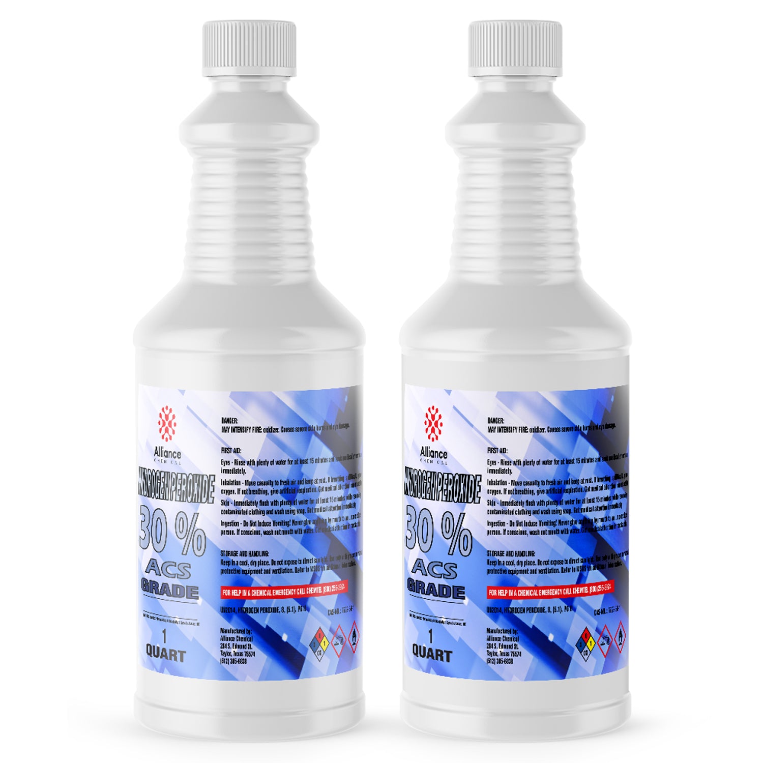 1-quart bottles of 30% ACS-grade hydrogen peroxide in white HDPE containers with blue-gradient labels, NFPA diamond and safety warnings.