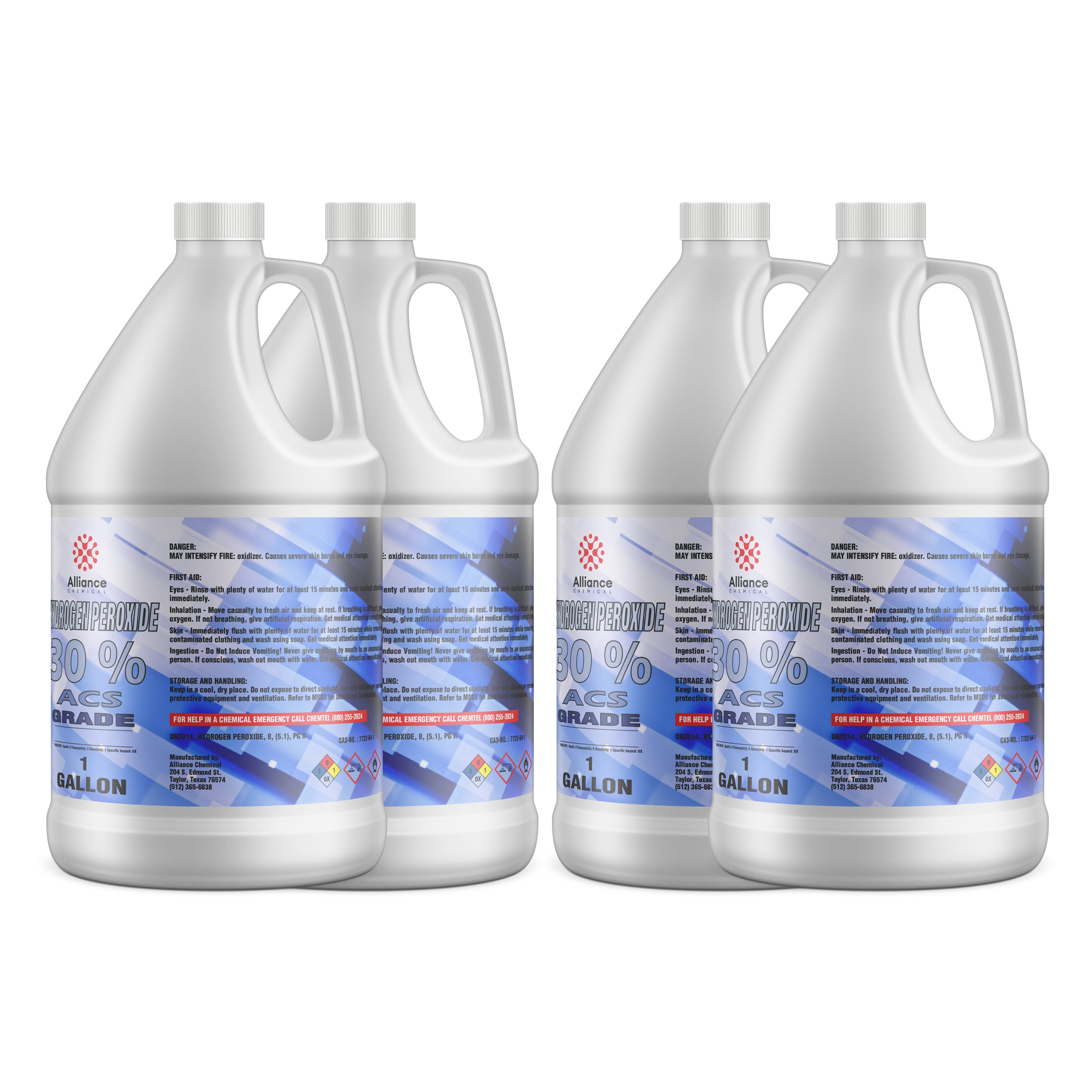 4x1-gallon Alliance Chemical hydrogen peroxide 30% ACS grade in white HDPE containers with hazard warnings, first-aid instructions, and safety labels.