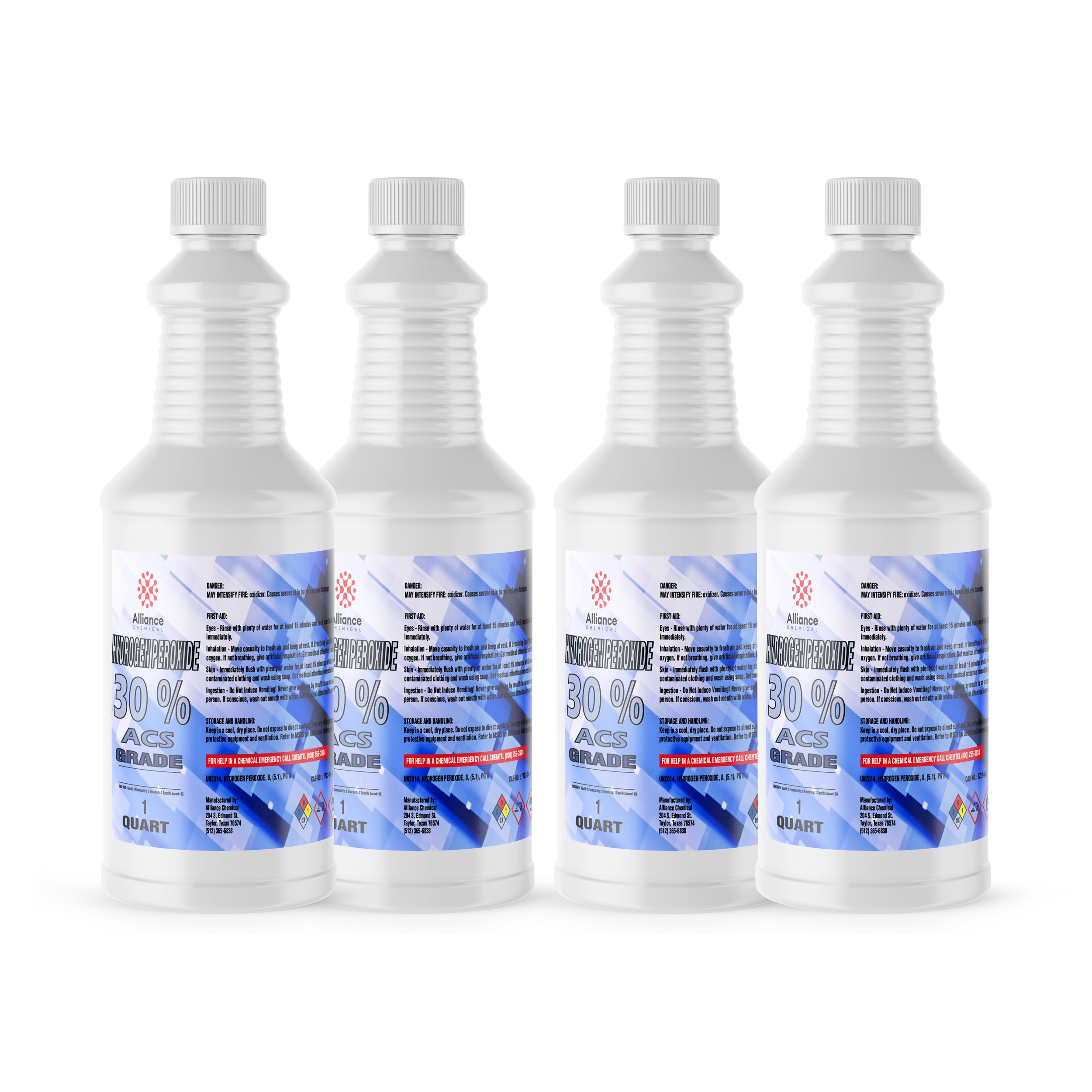 4x1 quart bottles of 30% ACS-grade hydrogen peroxide in white HDPE containers with blue labels and chemical hazard warnings.