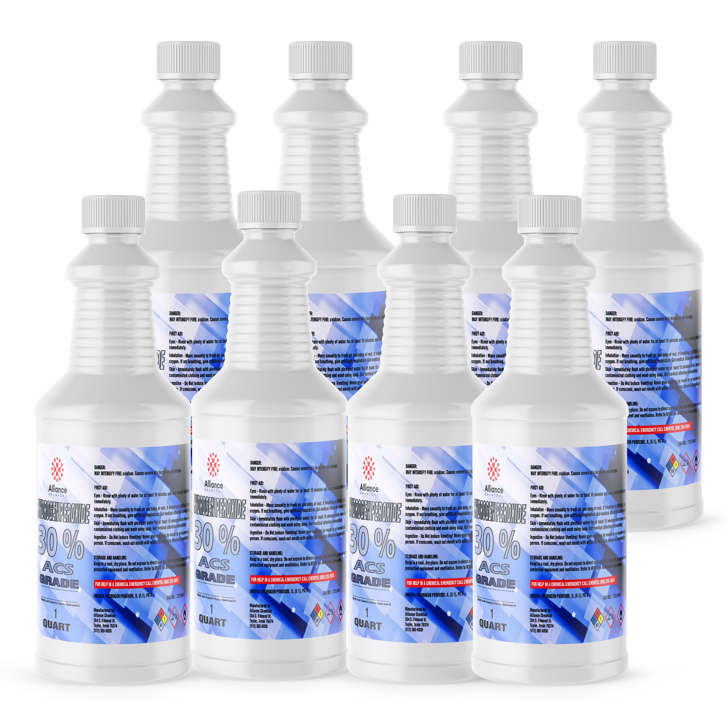 Quart bottles of 30% ACS-grade hydrogen peroxide in white HDPE containers with blue labels, NFPA diamond warnings, and safety caps (8-pack).