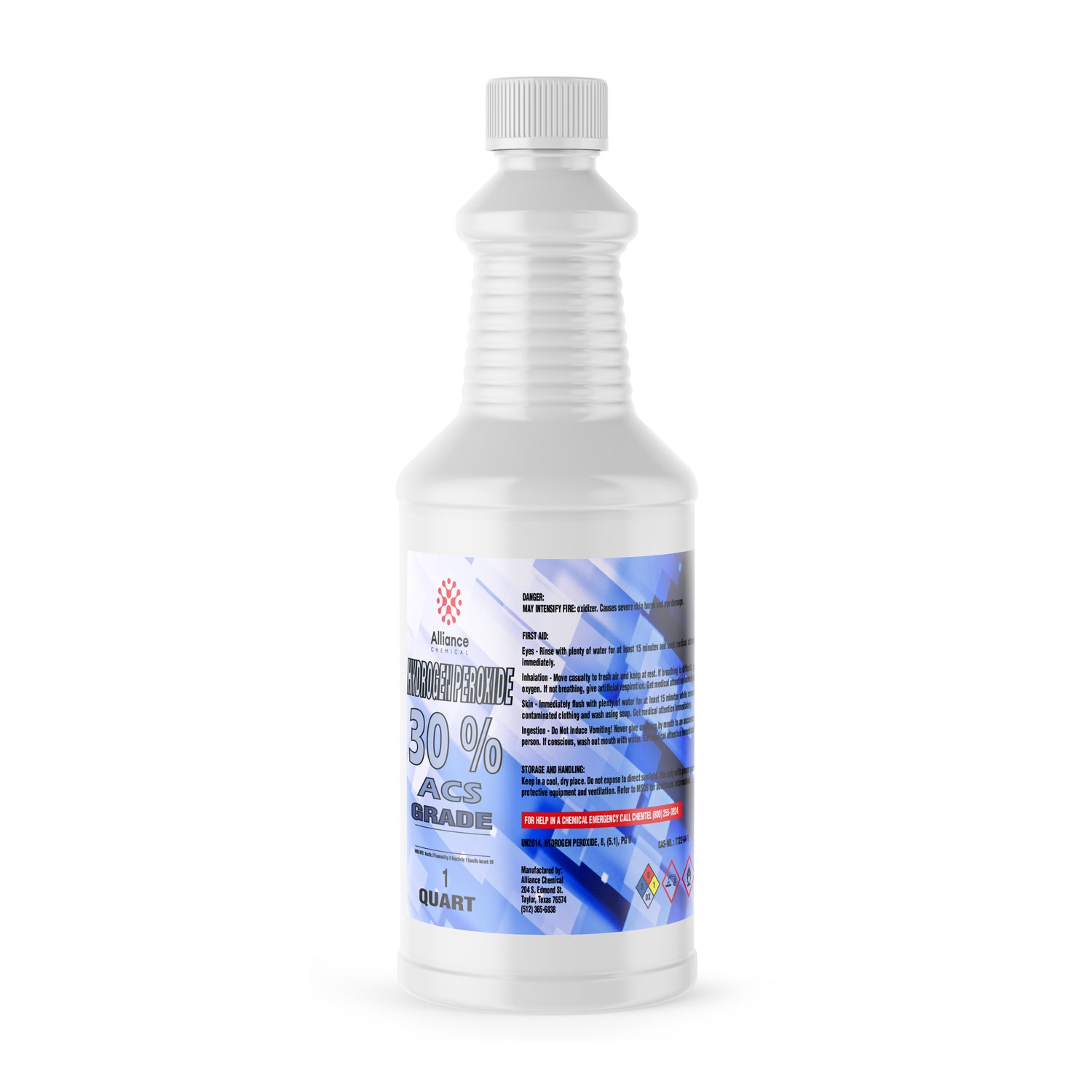 1-quart white HDPE bottle of 30% ACS-grade hydrogen peroxide with Alliance Chemical label, safety warnings, and ribbed safety cap.