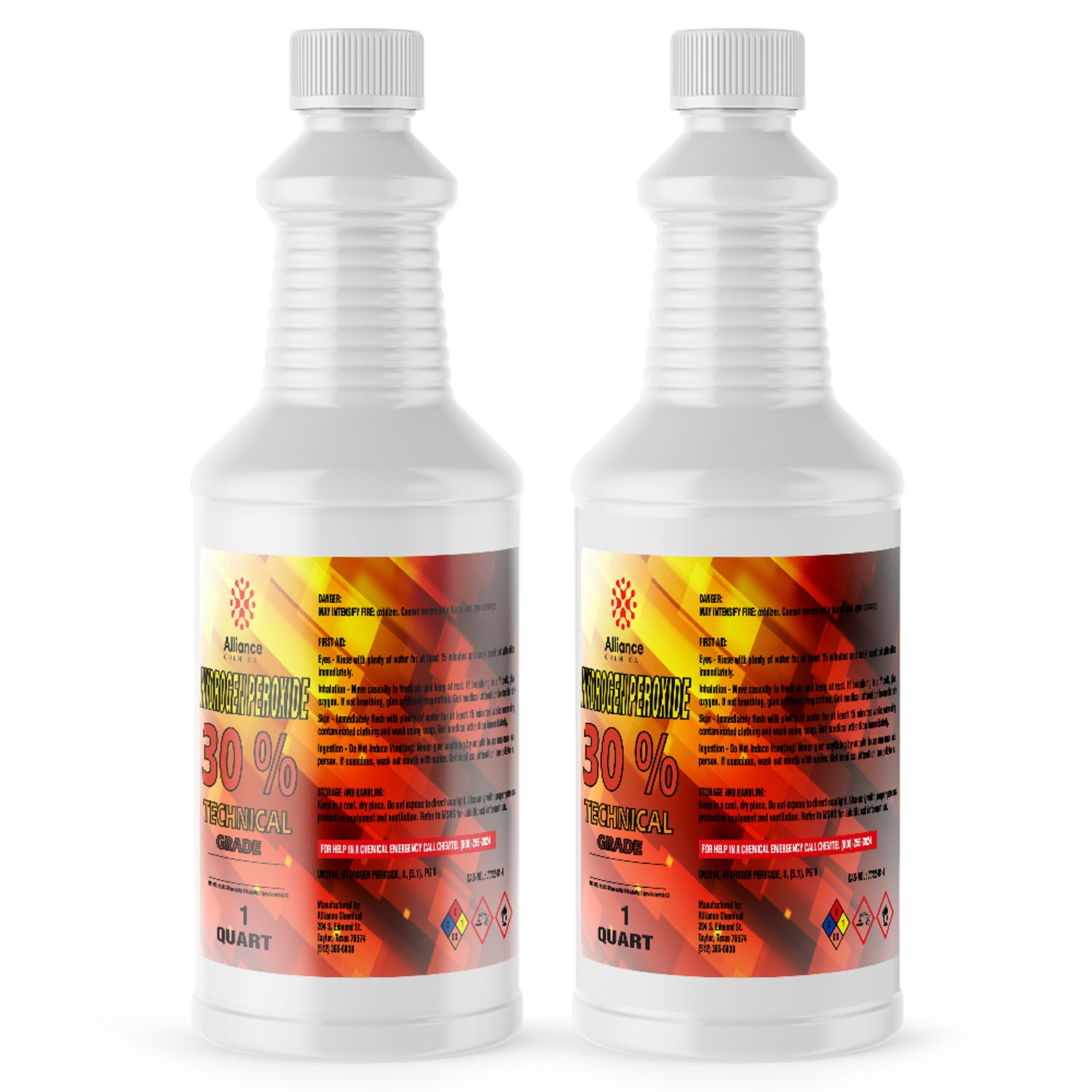 1-Quart bottles of 30% Technical Grade Hydrogen Peroxide in white HDPE containers with red-gradient labels, NFPA diamond warnings, Alliance Chemical branding.