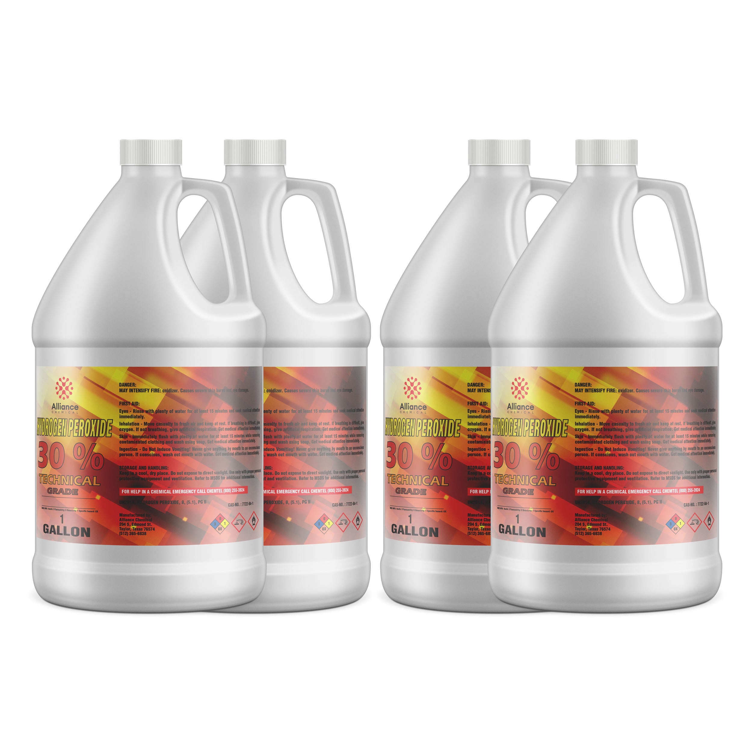4x1-gallon Alliance Technical Grade 30% Hydrogen Peroxide in white HDPE jugs with red hazard labels and safety warnings, NFPA diamond visible.