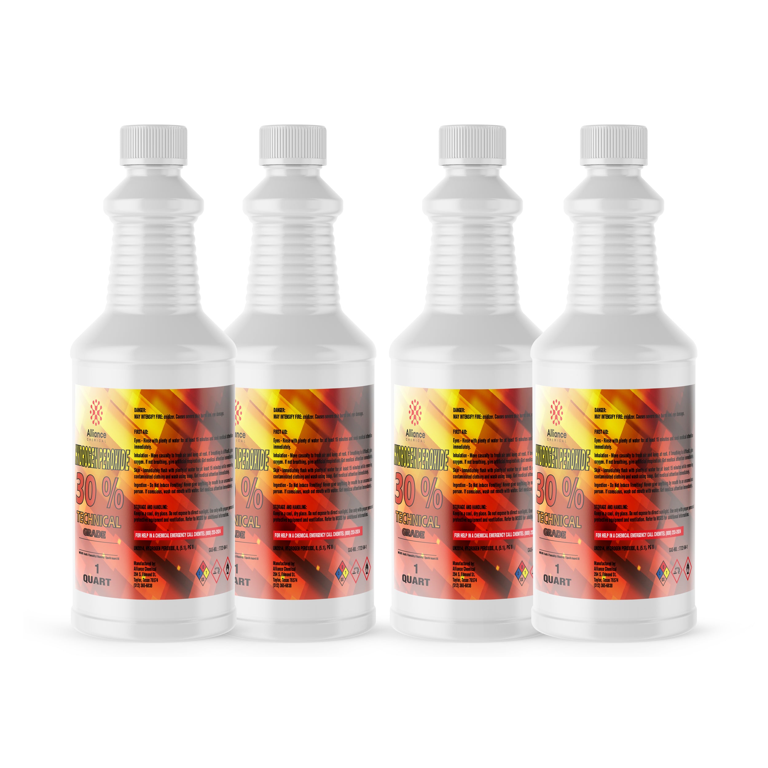 Quart bottles of 30% Technical Grade Hydrogen Peroxide in white HDPE containers with red-orange warning labels, hazard symbols, 4-pack configuration.