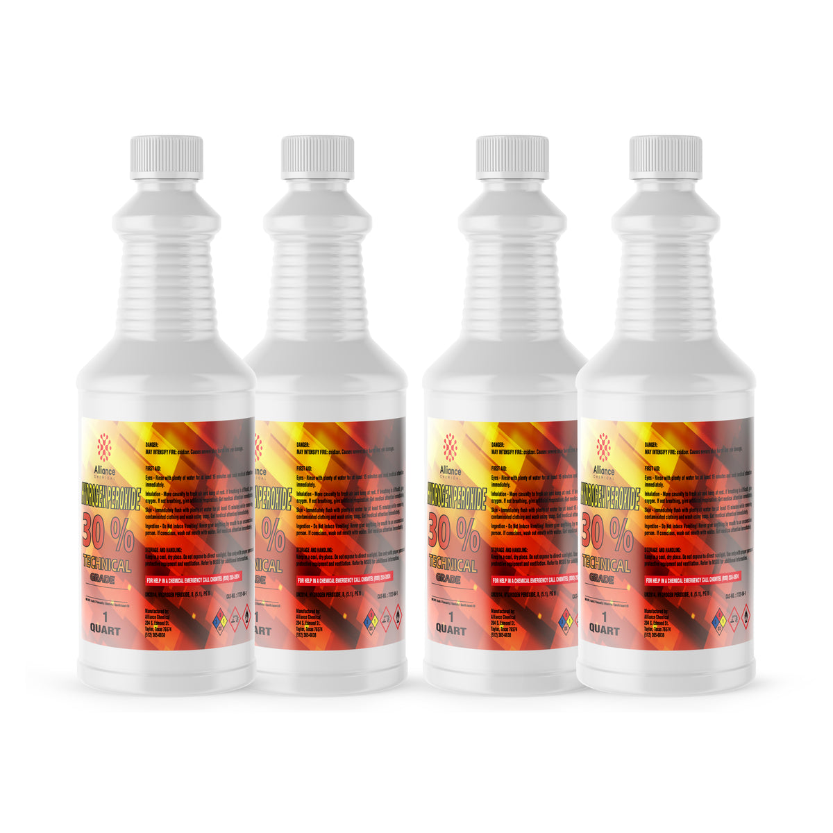 Four 1-quart plastic bottles of Alliance Chemical Hydrogen Peroxide 30% Technical Grade with white caps and labels