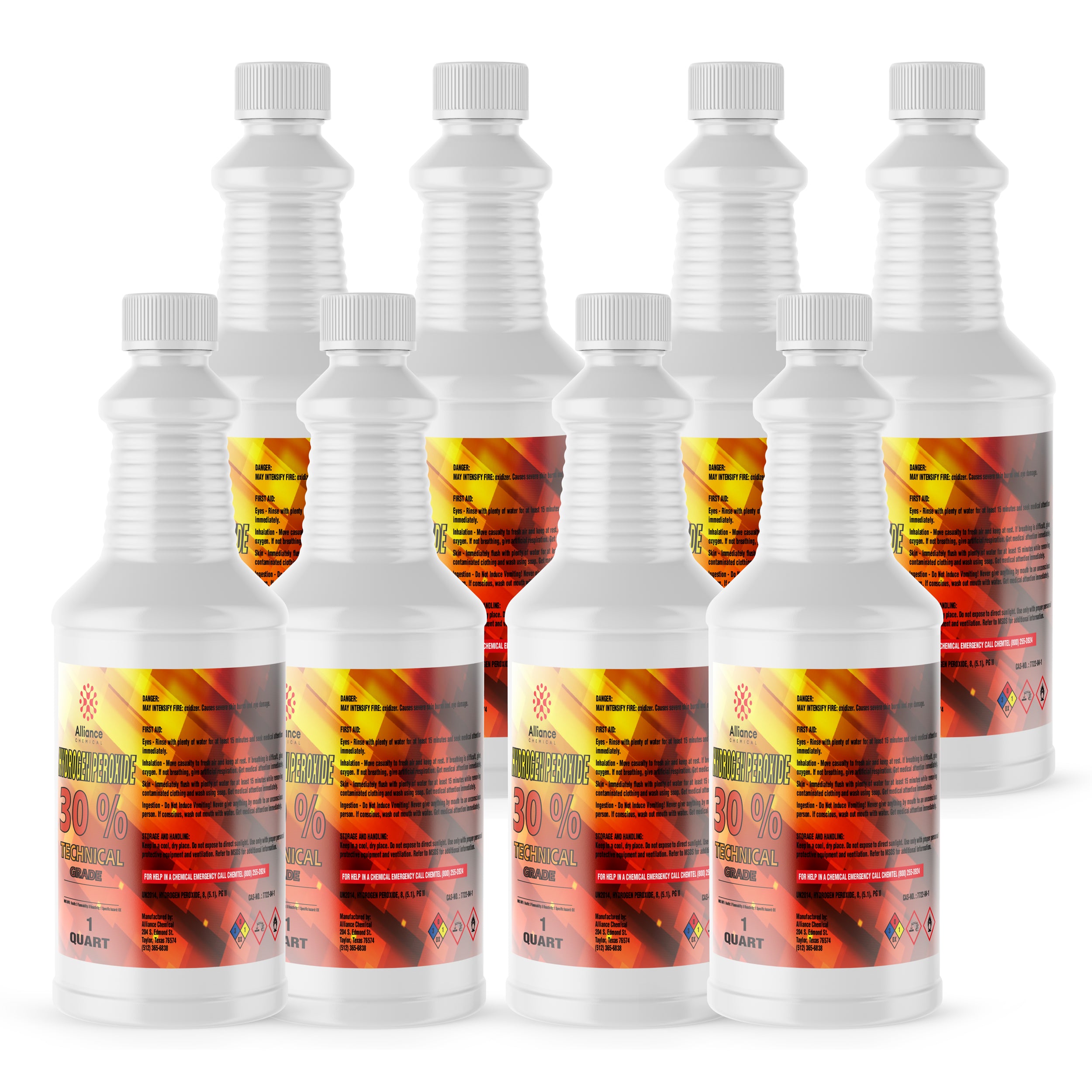 Quart bottles of 30% Technical Grade Hydrogen Peroxide in white HDPE containers with orange-red hazard labels and ribbed safety caps, 8-count case.