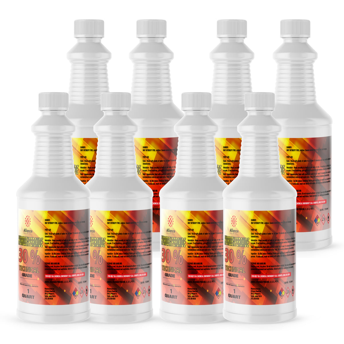 Seven 1-quart HDPE bottles of Alliance Chemical Hydrogen Peroxide 30% Technical with white caps and product labels