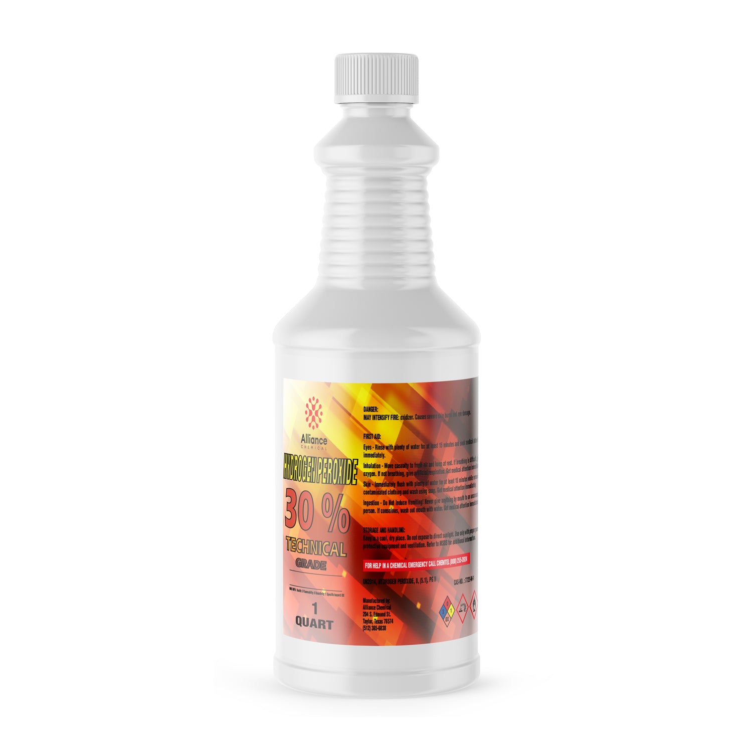 1-quart white HDPE bottle of Alliance 30% Technical Grade Hydrogen Peroxide with safety warning label and ribbed container design.